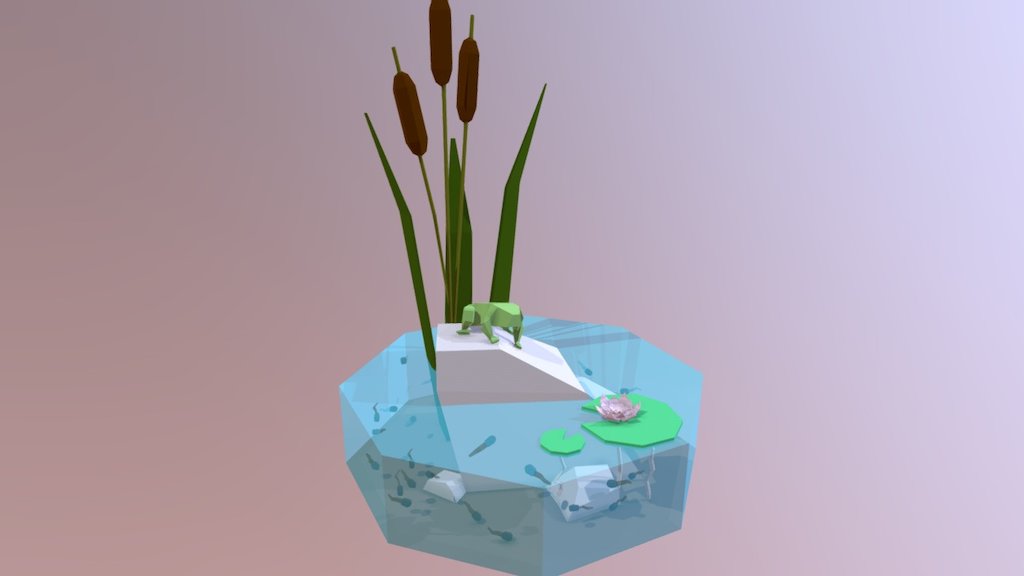 This is my entry for the Animal Family Challenge here on Sketchfab.
(https://blog.sketchfab.com/sketchfab-low-poly-animals-brood/) It shows a frog and her tadpoles in their pond. The low-poly look I went for wasn't as angular as the sample model for the challenge, but I think it came out pretty well nonethelesss 3d model