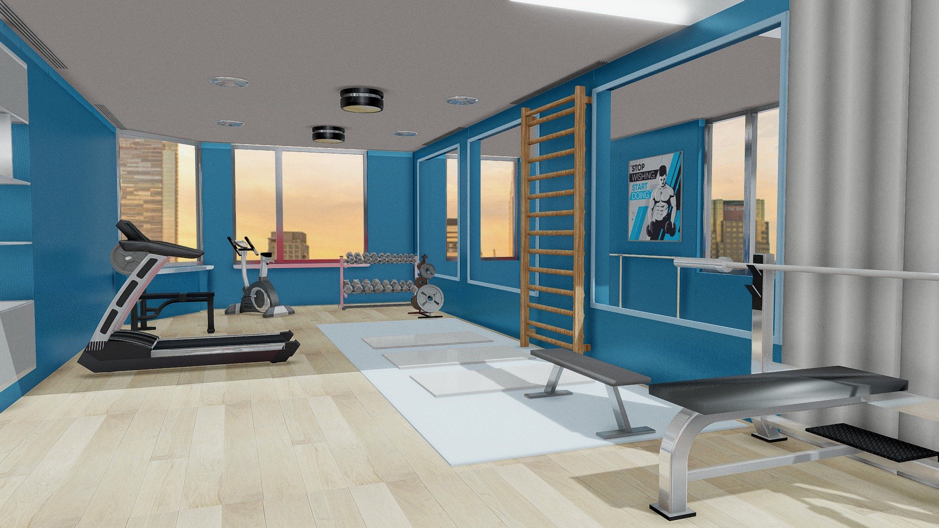 Featuring a large, fully equipped fitness room with floor to ceiling glass walls and industrial lighting, guests can stay fit 3d model