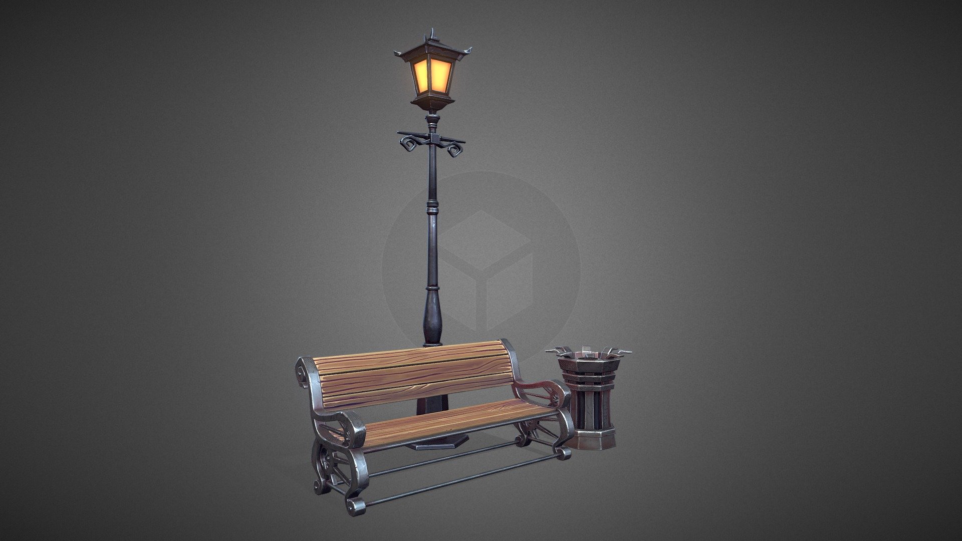 This is a style test for my current game project which has something between a top-down and a isometric view.

Feedback would be greatly appreciated! - Stylized Street Lamp, Bench and Trash Can - 3D model by Shaddy 3d model