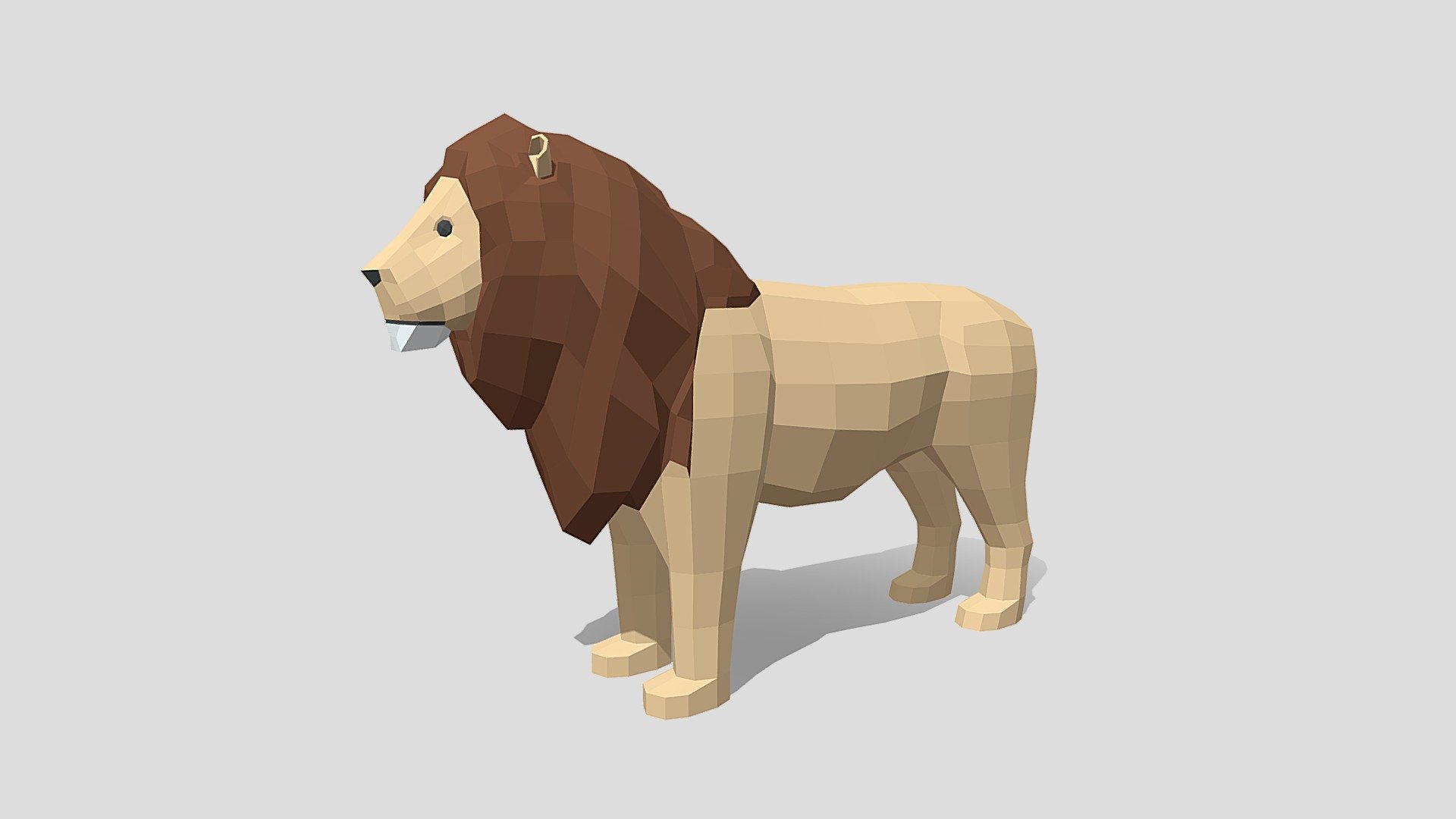 This is a low poly 3D model of a male lion. The low poly lion was modeled and prepared for low-poly style renderings, background, general CG visualization presented as a mesh with quads only.

Verts : 842 Faces : 840.

The 3D model have simple materials with diffuse colors.

No ring, maps and no UVW mapping is available.

The original file was created in blender. You will receive a 3DS, OBJ, FBX, blend, DAE, Stl.

All preview images were rendered with Blender Cycles. Product is ready to render out-of-the-box. Please note that the lights, cameras, and background is only included in the .blend file. The model is clean and alone in the other provided files, centered at origin and has real-world scale 3d model