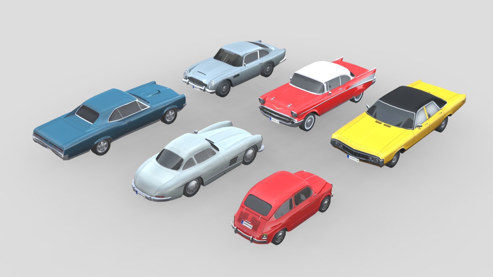 Our best low-poly car collection! Each car in this collection is carefully crafted, offering perfect topology and geometry. This ensures seamless integration into your projects.

With a low-poly concept, all cars deliver a visually stunning experience, complete with amazing details. This is made possible by pre-rendered textures that enhance realism optimally.

What’s included in this collection:
- Aston Martin DB5
- Chevrolet Bel Air 1957
- Dodge Polara 1970
- Fiat 600D 1965
- Mercedes-Benz 300SL Gullwing 1954
- Pontiac GTO 1967

By purchasing this collection, you will get high-quality low-poly assets, a perfect blend of quality and unbeatable affordability! - Low-Poly Car Pack 002 - Timeless Classics - Buy Royalty Free 3D model by slowpoly 3d model