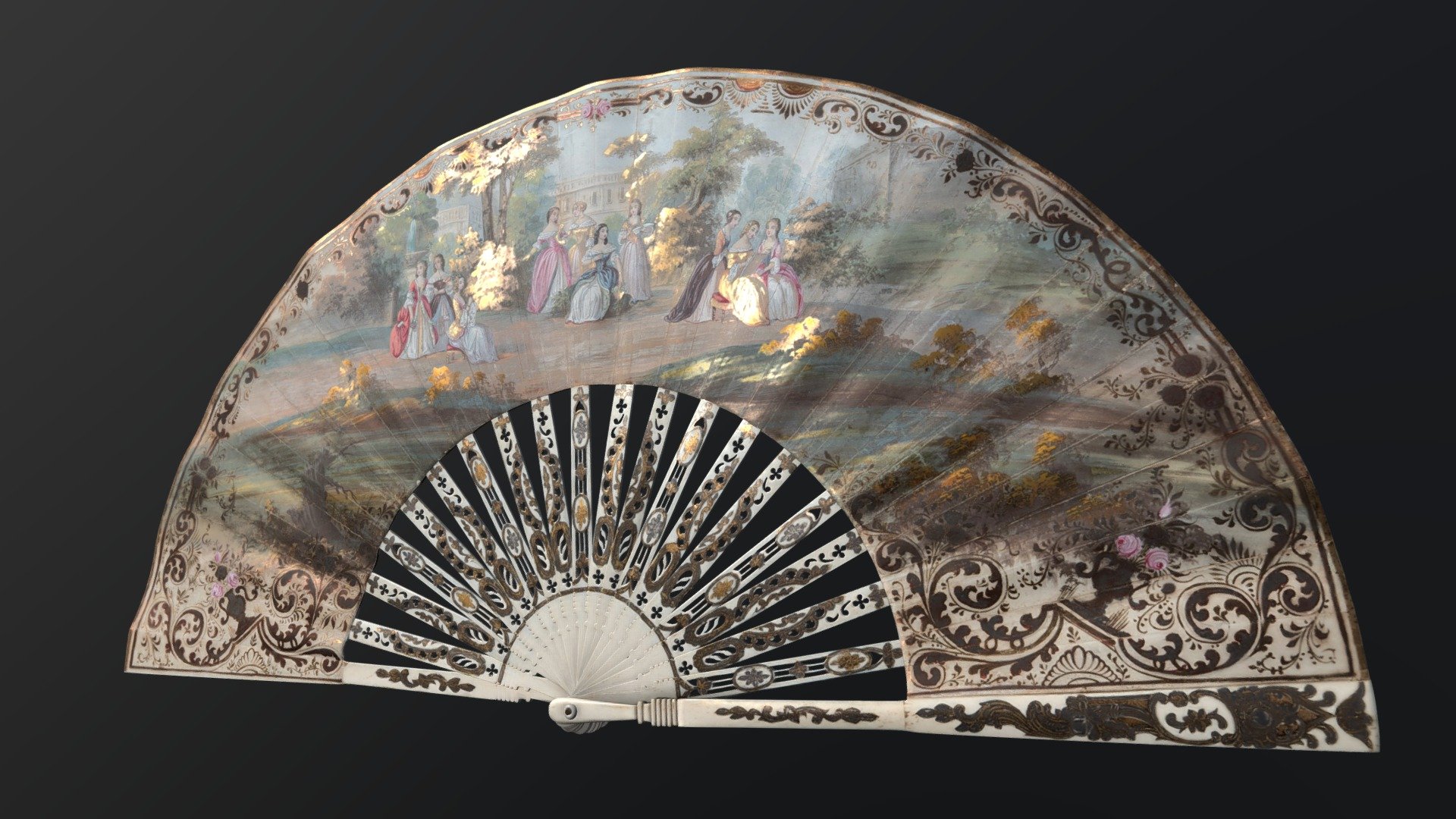 France 
monture - 1770s

leaf - 1850s 
Dimensions: 27 х 13.5 х 51.5 cm
Materials: ivory, gilded foil, paper, gouache, copper, mother-of-pearl
Technique: carving, engraving, gilding, lithography, painting - «Ladies in the Park» folding fan - 3D model by AERO3D (@aero3d.ua) 3d model