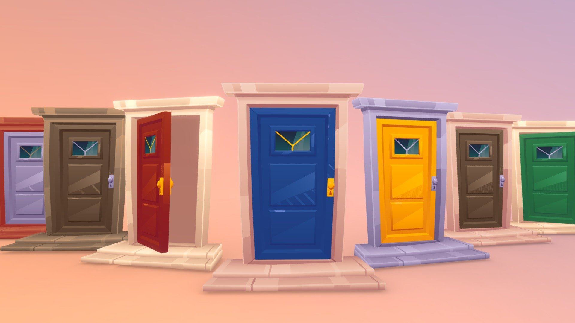 stylized cartoon doors pack 

Textured with gradient atlas, so it is performant for mobile games and video games.

Like a few of my other assets in the same style, it uses a single texture diffuse map and is mapped using only color gradients. 
All gradient textures can be extended and combined to a large atlas.

There are more assets in this style to add to your game scene or environment. Check out my sale.

If you want to change the colors of the assets, you just need to move the UVs on the atlas to a different gradient.
Or contact me for changes, for a small fee.

*-------------Terms of Use--------------

Commercial use of the assets  provided is permitted but cannot be included in an asset pack or sold at any sort of asset/resource marketplace.*

9213140

5207418 - Stylized Doors - Buy Royalty Free 3D model by Stylized Box (@Stylized_Box) 3d model