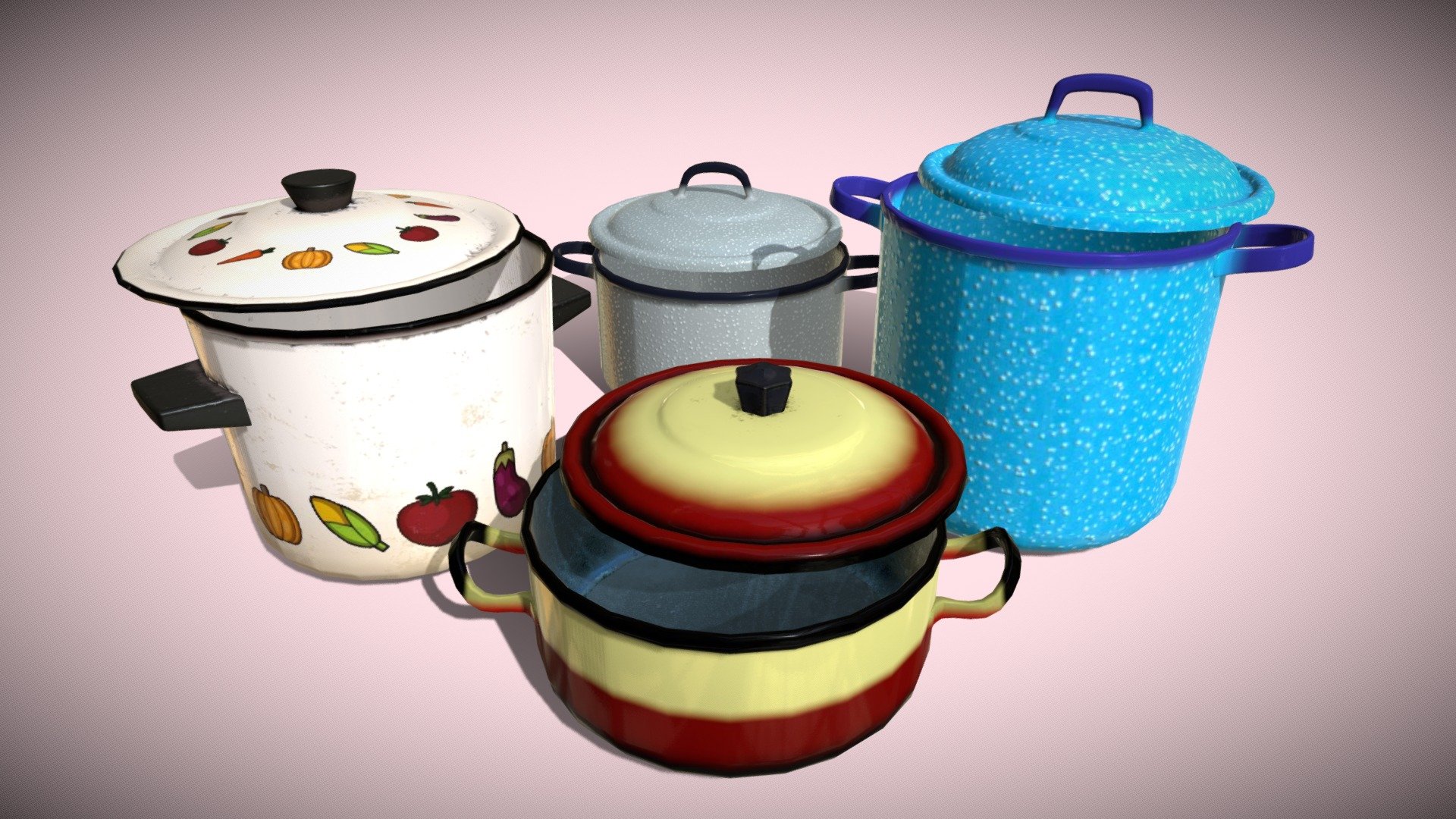 Four enamel pans, one of them with drawings. Textures in PBR size 1024. In additional download more formats, FBX OBJ.
All models also go separately 3d model