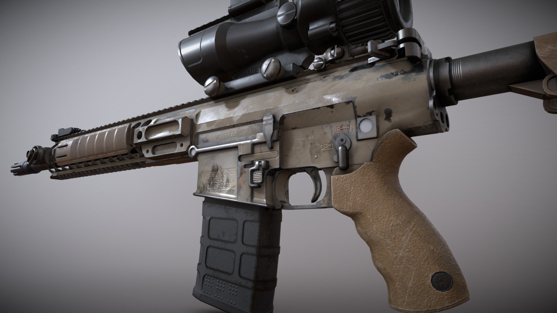 3D high-detailed model of L129A1 Assault Rifle

Every good guy should have a good gun.

Made with one own material. Object named with logically types.

8K PBR Textures + AO.

Can be used in games as well as render pictures 3d model