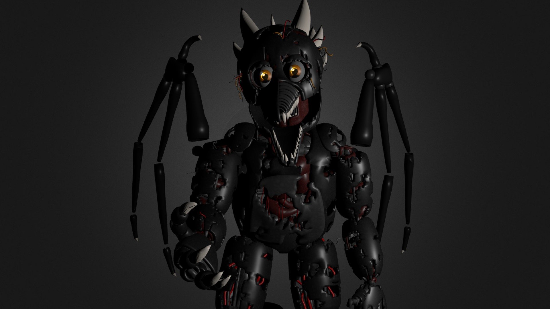A much improved version of the previous Draco. Made in Blender, exported to fbx.

Improvements:



Has updated textures compared to the old one.



Improved skeleton and model peices.



Posed.



Smoother peices.



Sad part is, without his left thumb in that position or all left fingers perfectly straight, his claws start to float off his fingers. No problem with the right hand, though. Tail floats off and resizes in fbx, but in the original blend file, it is the proper size and curled around his left side.

&ldquo;Also, don't forget to watch the backroom. Draco might get a little&hellip; active&hellip; tonight, and while he doesn't appreciate the other animatronics, he doesn't like you either. So, yeah, have a great night, and remember, you are perfectly safe!