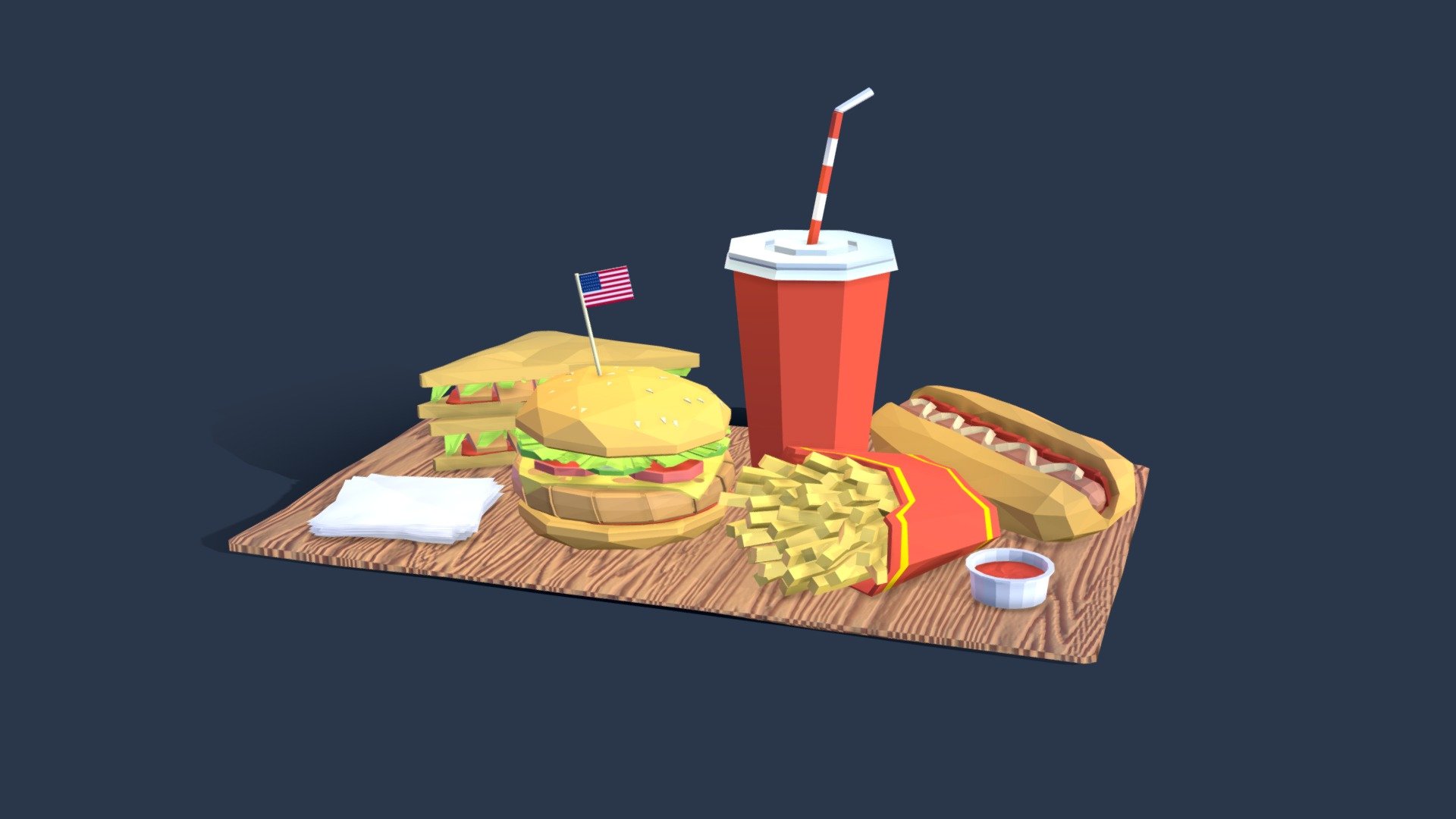 Cartoon Low Poly Food Pack Illustration

Asset include Burger, Drink Cup, Potato Free, Hot Dog, Sandwich, Sauce

Created on Cinema 4d R20

10 982 Polygons

Procedural Textured

Game Ready

AR/VR Ready
 - Cartoon Low Poly Fast Food Set - Buy Royalty Free 3D model by antonmoek 3d model