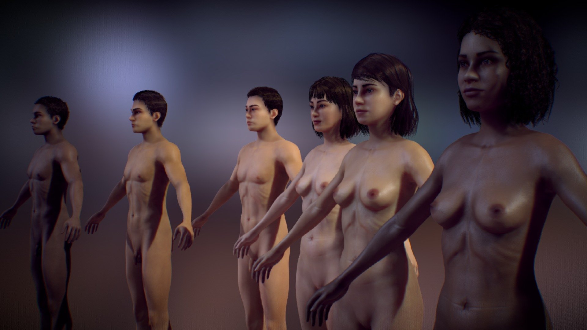 A collection made based on three ethnicities: Caucasian, African and Asian. Each ethnic group has its male and female, dressed and naked version.

In this version you receive all the models on the screen with clothes and naked.
This model has 24 animations.

Rigged and animated

Formats:

.dae .blend .Fbx

Contains:

Naked Body, Clothing (Shirt, Pants and Shoes), Hair

Textures:

Albedo, Normal, Specular, Alpha, Reflection

(Most textures are in 1024x1024) - Men and Women Package - Buy Royalty Free 3D model by Gabriel Souza (@gabrielsouza) 3d model