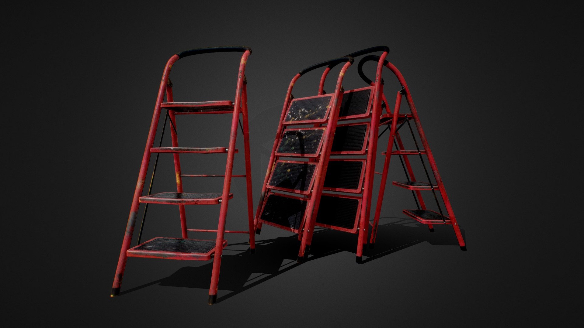 Vertex count of one stepladder - 3 410. Clean topology.

Texture maps in 4096 px - AO, Albedo, Normal, Metallic and Roughness. Ambient occlusion map is universal for all models.

Non-overlapped UV - Ladders - Buy Royalty Free 3D model by Dmitriy Mitroshin (@LtxxwSibeRia) 3d model