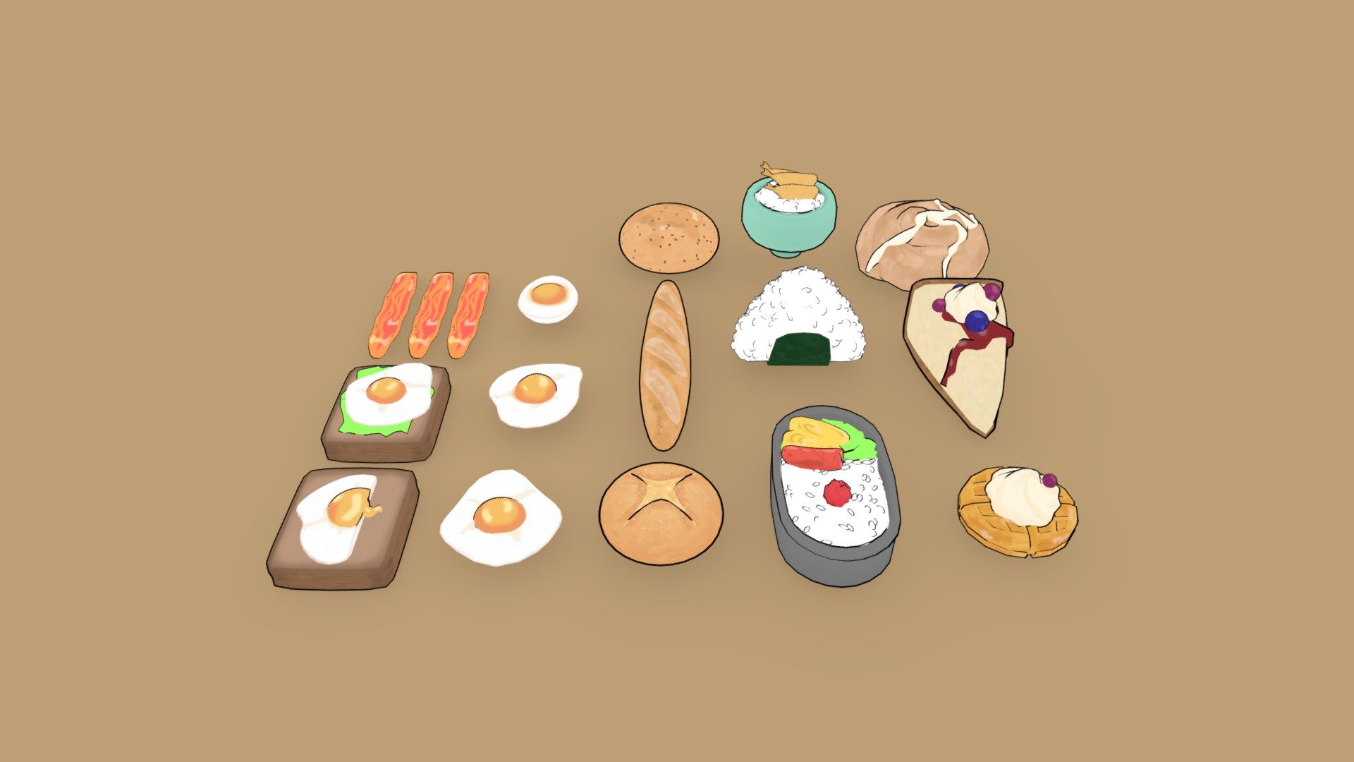 Several foods made in a cartoon/ghibli inspired style :)
vertices count doubled for toon shading - Cartoon Foods Pack - 3D model by pea ꕤ (@3dchickpea) 3d model