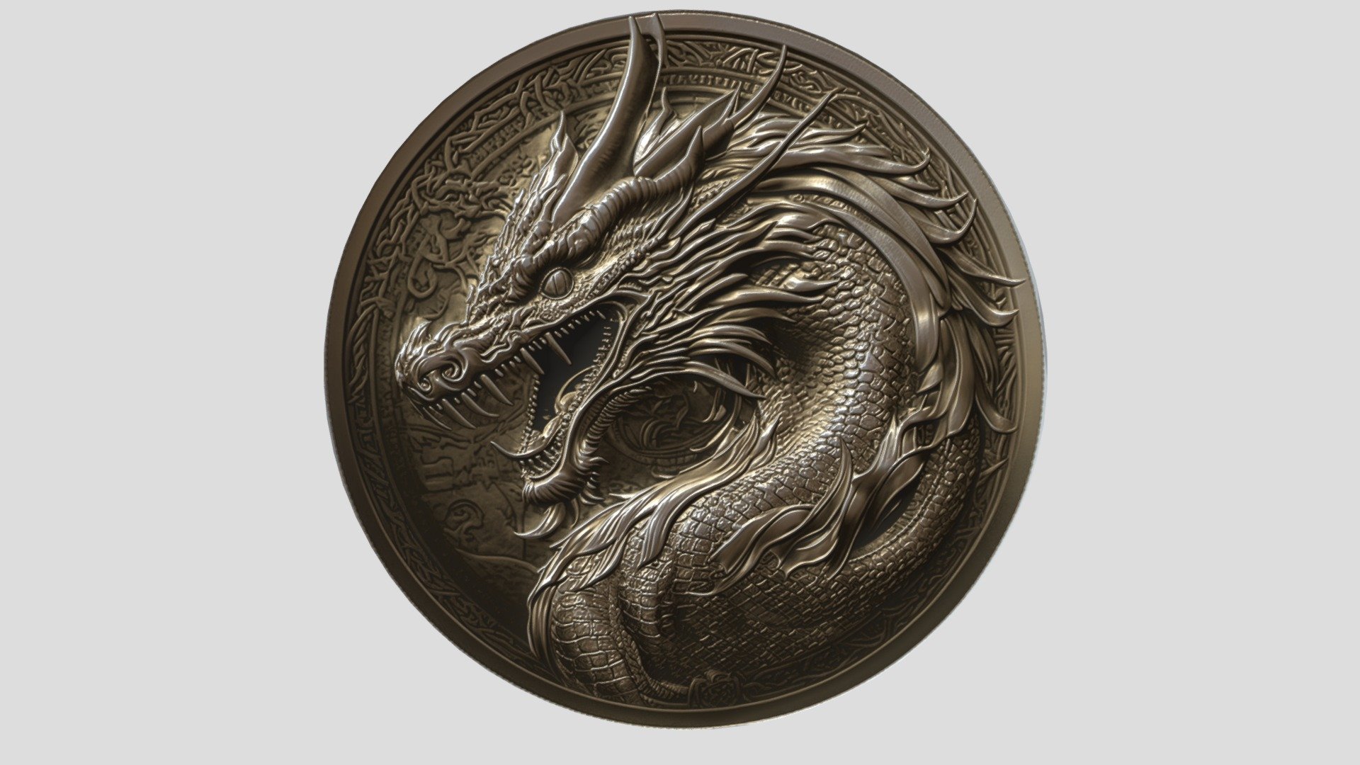Fantasy dragon coin made with Mid Journey, Photoshop, Sampler and Blender.  This is the first of three coins. I hope you enjoy them. This one was made to appear to be freshly minted 3d model