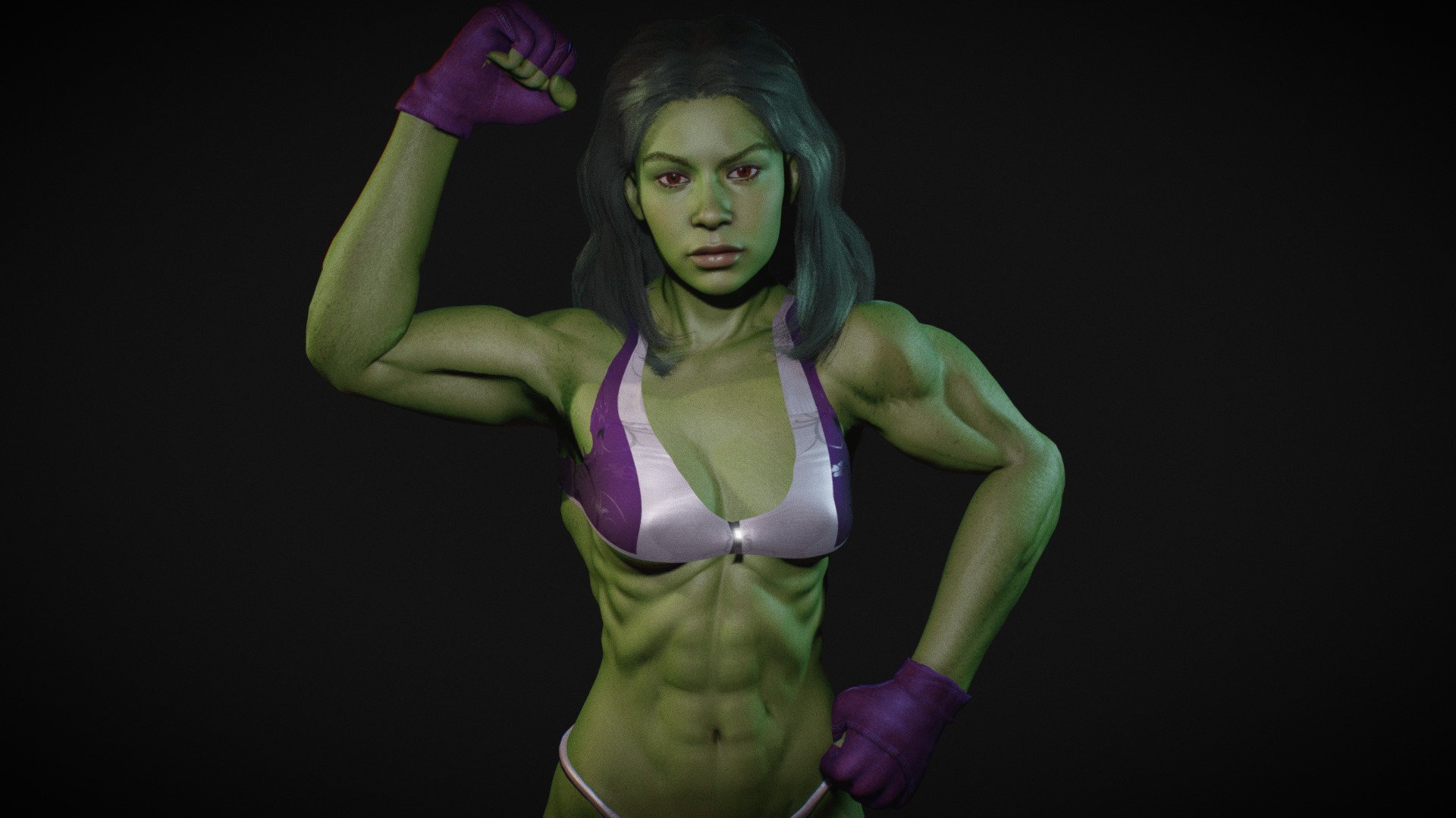 Female She Hulk cosplay Girl , includes 1 more shapekey for body muscles extremely toned/buffed. Model in Blender file. Fully rigged. SSS subsurface scattering. mixamo bone names for animation. No FBX or OBJ format, only Blend file 3d model