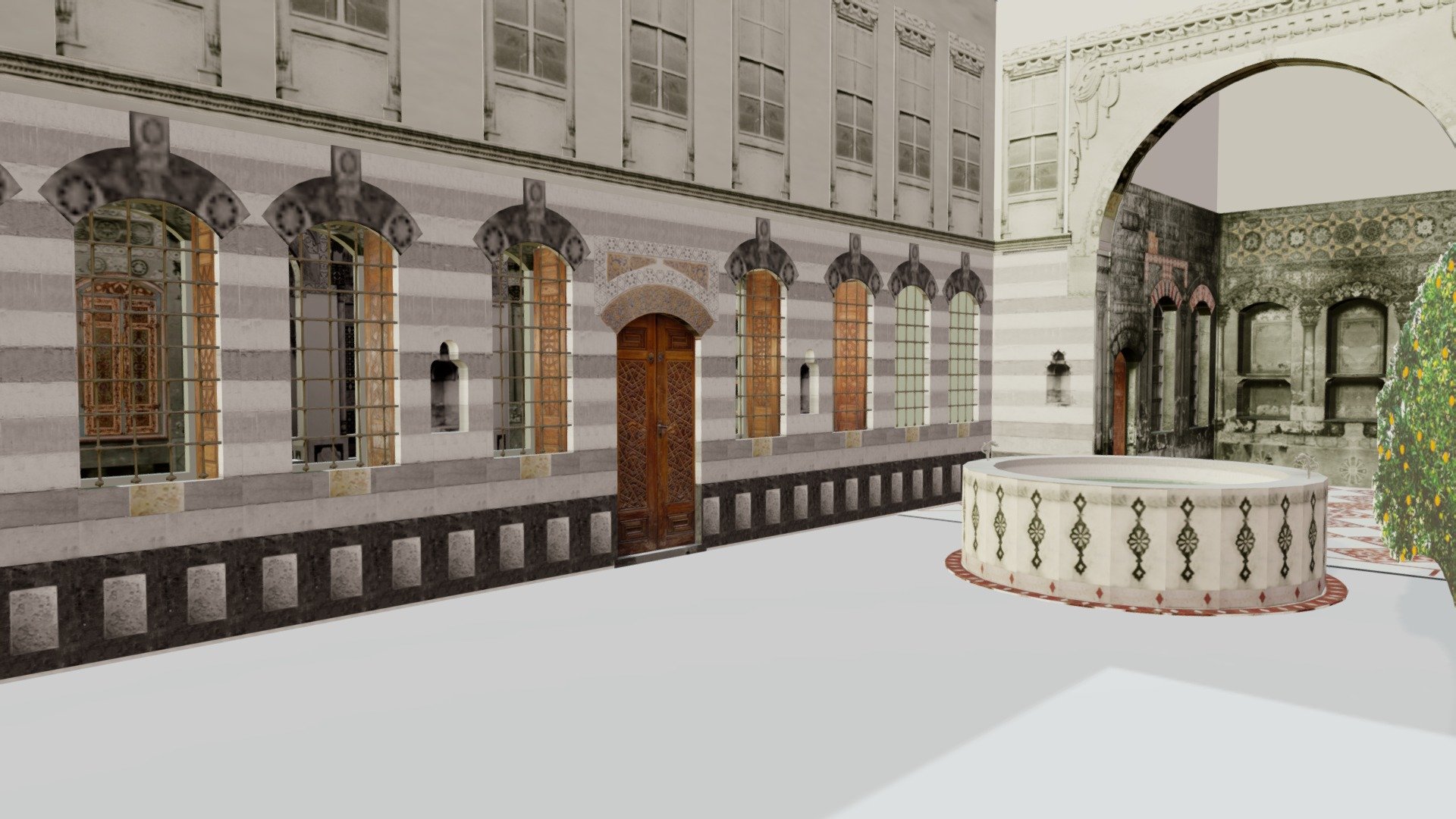This model reconstructs the courtyard and reception room of a late-Ottoman Damascene residence. Images in color indicate elements now in the collection at Shangri La 3d model