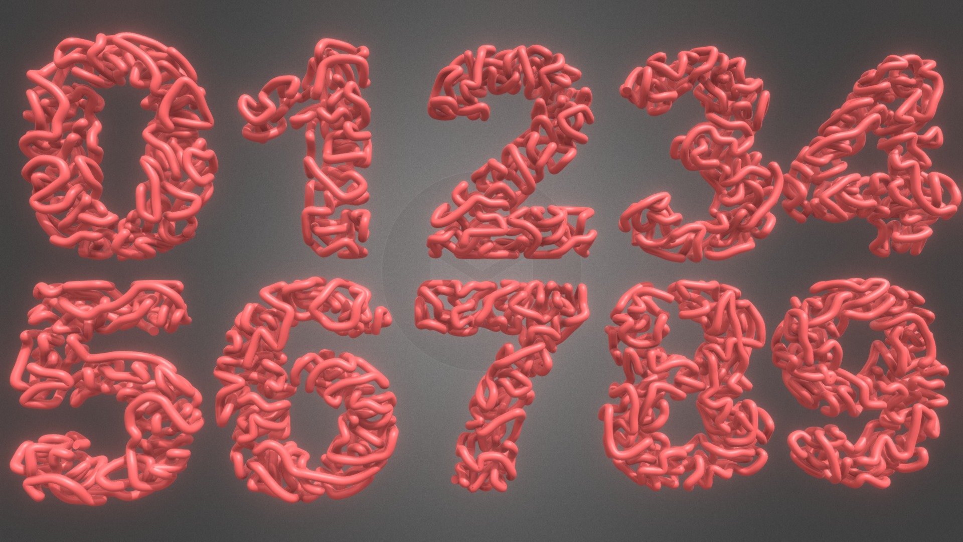 Quads only 
Each number, is a single spline strand
Ready to 3D Print
Game and VR ready (very light meshes)

I can customize for you
 - Words
 - Fonts
 - spline diameter 
 - spline density 
 - mesh density
 In fact, I can &ldquo;grow