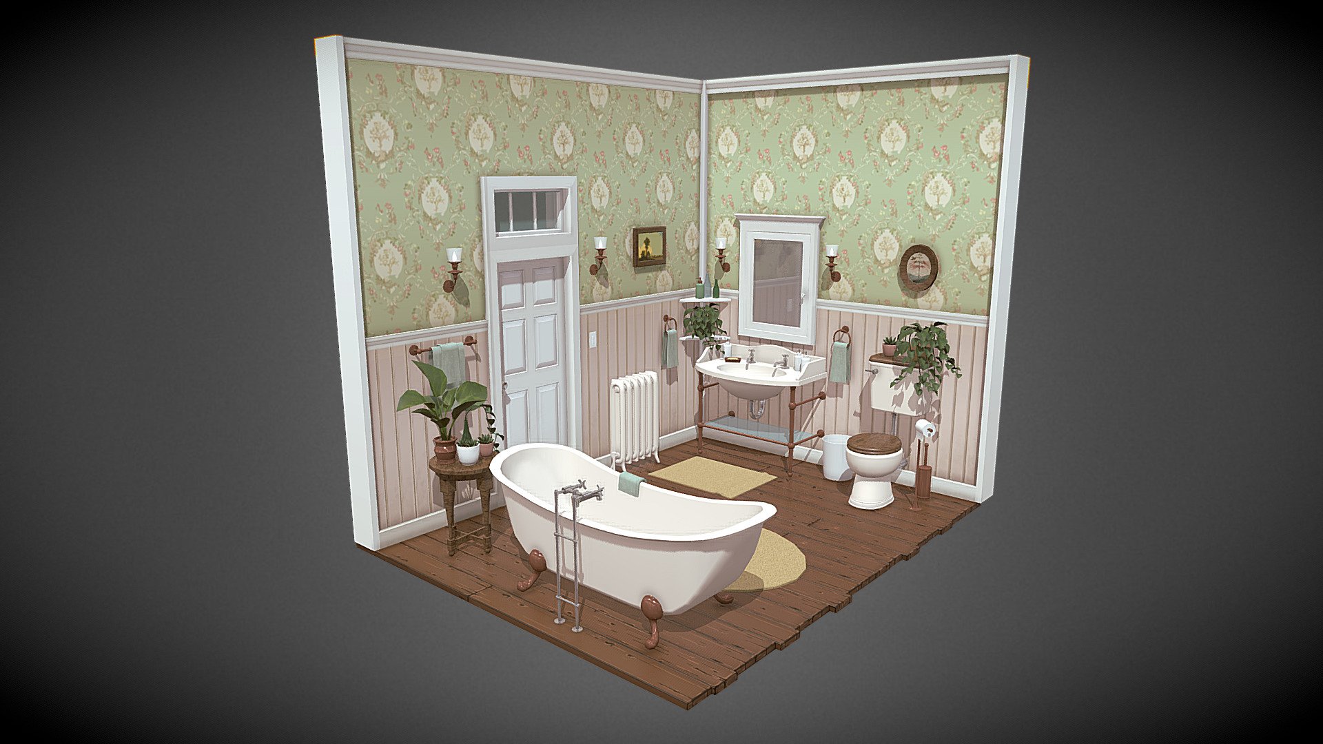 A Victorian style bathroom that I created as an experiment in low poly  modeling and stylized textures, based on my own concept. Part of a larger Victorian house that I hope to post when I get the time! Created in Maya and textured in PS. Had a lot of fun making this. :D - Victorian Bathroom Interior - 3D model by Natalie Crabtree (@natcrab) 3d model