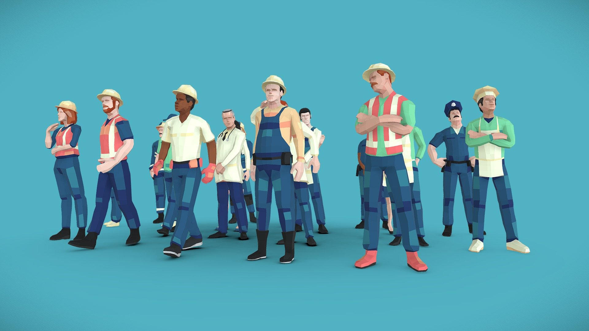 Bundle of 20 Low Poly characters representing most common professions. Great for mobile apps, animations and ArchViz. Created with 3ds Max 2022. All Rigged using Biped + Skin, see additional files for native .MAX files and FBX. UV mapping can be easily modified on 3ds Max using px Poly Paint Script. Tested for compatibility with Unity Engine Humanoid system.

This set is already part of the 100-Mega-Pack.

Try free samples!

Easy texture customization:

 - Low Poly 3D Professional People Rigged Pack - Buy Royalty Free 3D model by Denys Almaral (@denysalmaral) 3d model