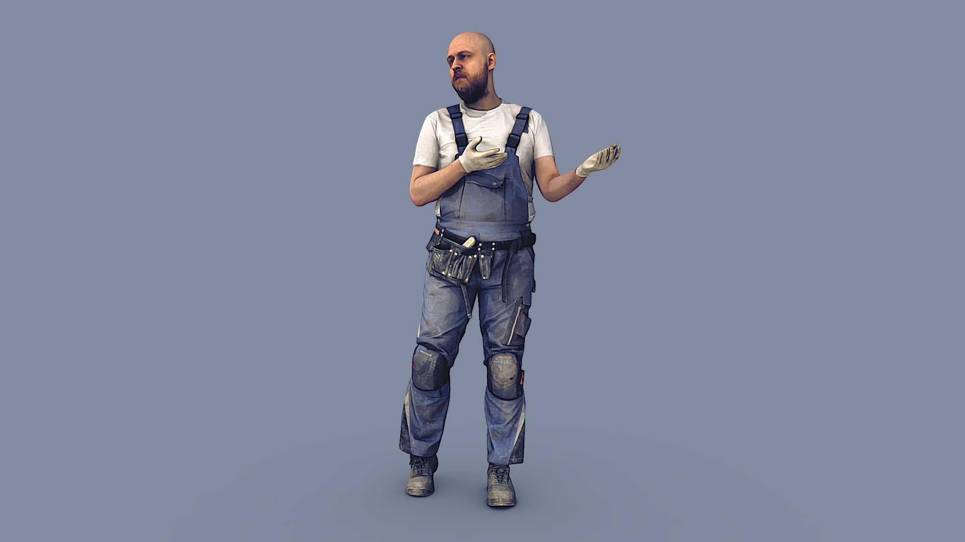 ✉️ A young man, a bald guy with a beard, a builder, a worker, in a construction uniform, in overalls, in gloves, with a tool belt bag, in knee protection, stands, gestures with his hands, talks emotionally, explains.

🦾 This model will be an excellent mid-range participant. It does not need to be very close and try to see the details, it reveals and demonstrates its texture as much as possible in case of a certain distance from the foreground.

⚙️ Photorealistic Construction Worker Character 3d model ready for Virtual Reality (VR), Augmented Reality (AR), games and other real-time apps. Suitable for the architectural visualization and another graphical projects. 50 000 polygons per model 3d model