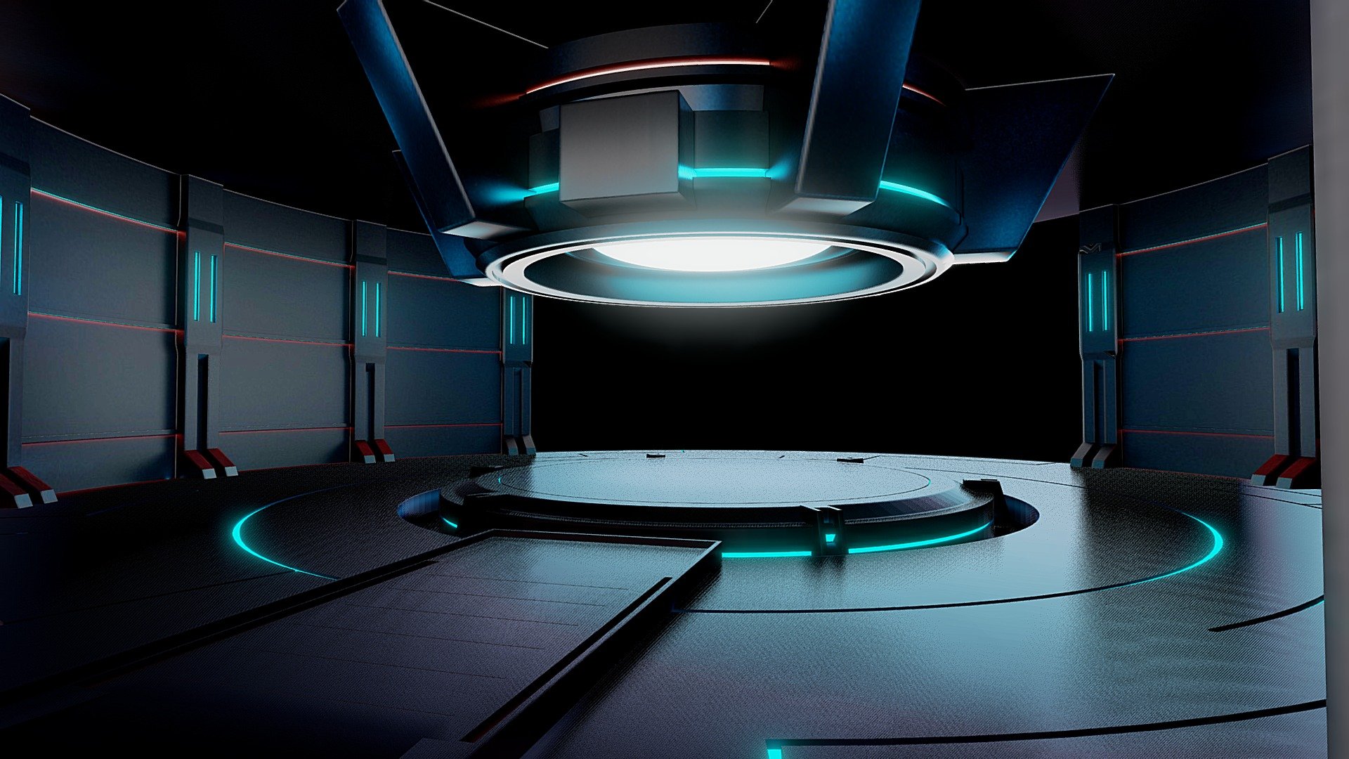 This is an interior view of a futuristic space station. Designed in an industrial metal, hard science fiction style. 
The space size of the entire platform is about 40m * 40m, and the height is about 12m. 360 vr ready 3d model