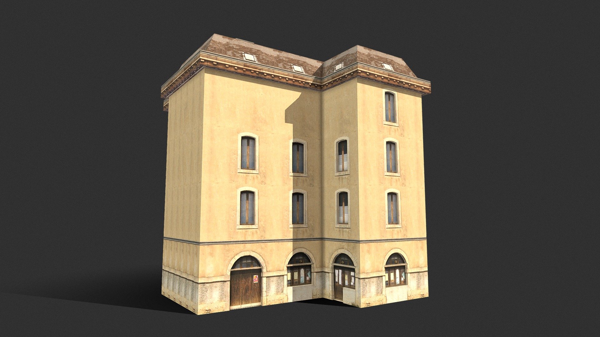 3D model of Old Apartment House

Resolution of textures:  1024x512, 700x700(roof)
Originally created with 3ds Max 2017
Photorealistic Texture
Unit system is set to centimetre.
Model is built to real-world scale
Rendered in Vray and 

Special notes:
.fbx format is recommended for import in other 3d software. If your software doesn't support .fbx format, please use .3ds format; .obj, format was exported from 3ds Max 3d model