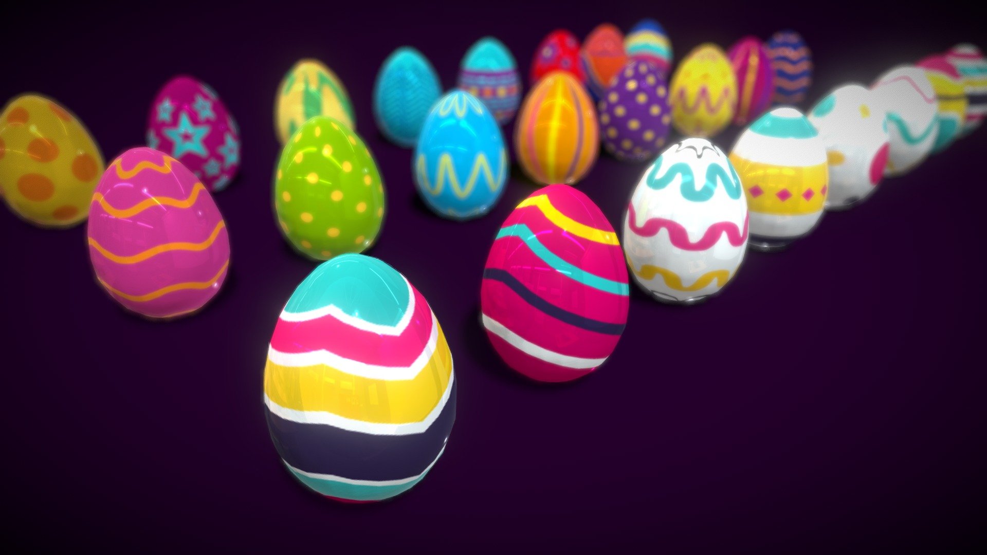 Get ready for Easter!

Colections Easter Eggs 4 model low-poly 3d model ready for Virtual Reality (VR), Augmented Reality (AR), games and other real-time apps. its ready for rendering and advertising too
Features:
- 24 egg prefabs
- 3 Colections styles texture
Polycount list :
- Model 3D lowpoly Eggs ( 8112 polys/14976 Tris/7536 Verts)
- 3 Texture colections size 1024/1024
Please contact me if you have questions or need assistance with the models 3d model