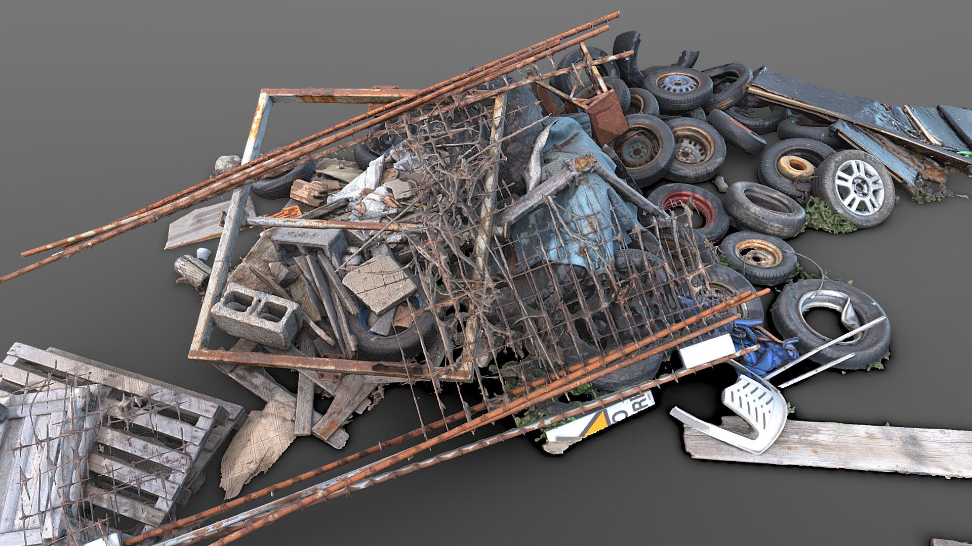 Street junk heap pile with tires and other garbage items, dumped scrap trash heap of different kinds incuding wood debris.

4x 8K textures, 4x high resolution normals from 30M model are in the additional folder 3d model