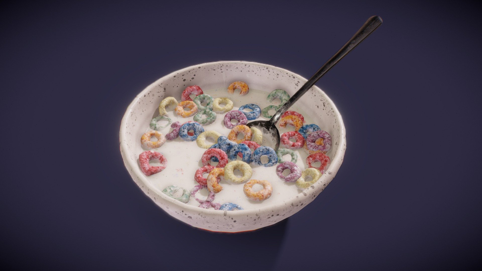 A bowl of Rainbow Hoops cereals with milk made for my diploma project. I had a lot of of fun making this one :) - Cereals Rainbow Hoops - 3D model by dismeon 3d model