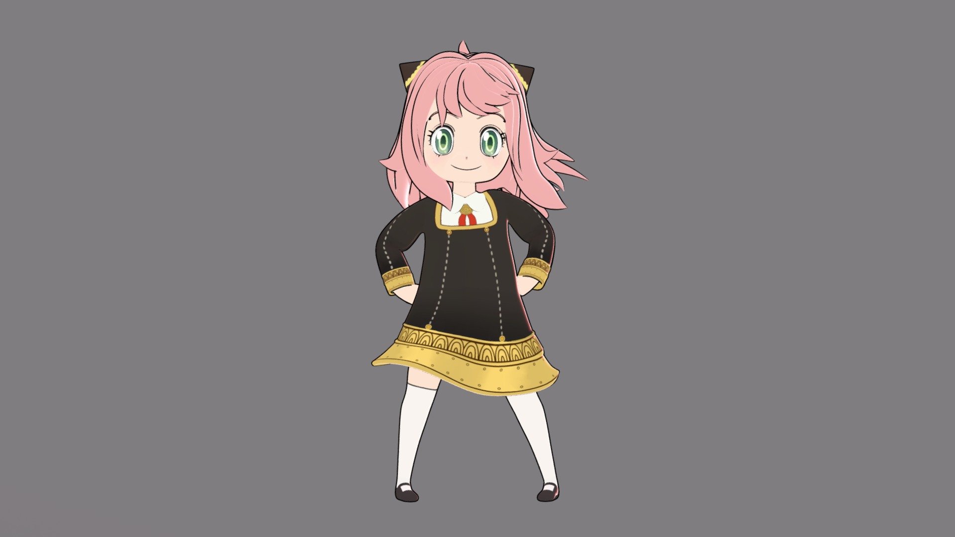 Anya Forger is one of the characters that has made me laugh the most lately in anime, so I decided to make a rig for personal projects and now you can also make your own animations with her.

The rig is perfectly compatible with Blender 3.0 and above, it still has a visibility problem with blender 2.9 that I want to solve soon.

The structure is based on Rigify but with some improvements for the facial rig, hair, and skirt.

-It has 13 facial expressions in the pose library.

-It has 5 different textures for her face:

Base, Funny smile, confused, No eyelashes, Shock face.

-3 textures for her eyes:

Base, solid color, and shiny with a star.

-28 Selections sets

All the textures are already packed with the blender file but I am uploading them separately just in case you need them.

You can contact me through any of my social networks if you have any problems.

Remember to Allow execution of scripts to use Rigify based rigs

Modeled and rigged by me

Based on Spy X Family

Enjoy it! - Anya Forger 3d model - Rigged - 3D model by JGCruz3d 3d model