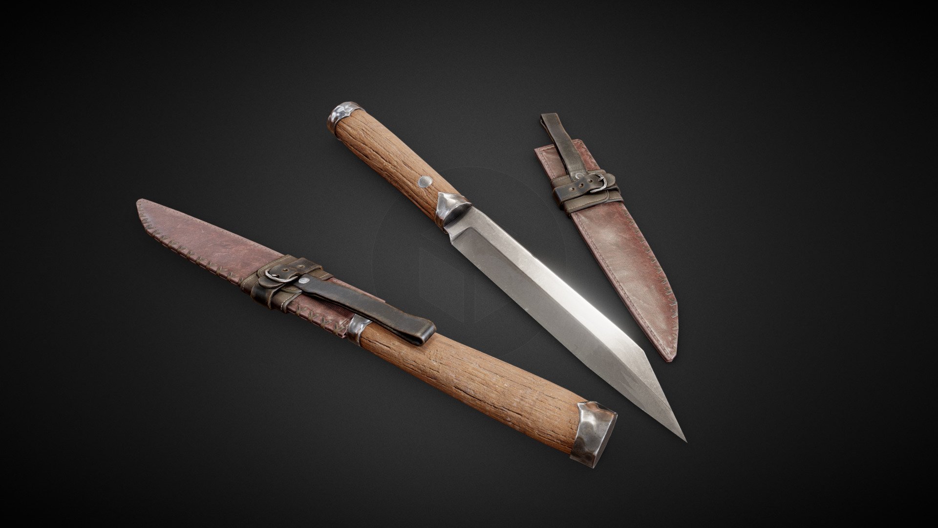 Simple knife with a leather sheath for use as clutter or a low-level weapon.

Made in Blender, textured with Quixel Mixer - Medieval/Fantasy Knife - Download Free 3D model by Aike (@anathlyst) 3d model