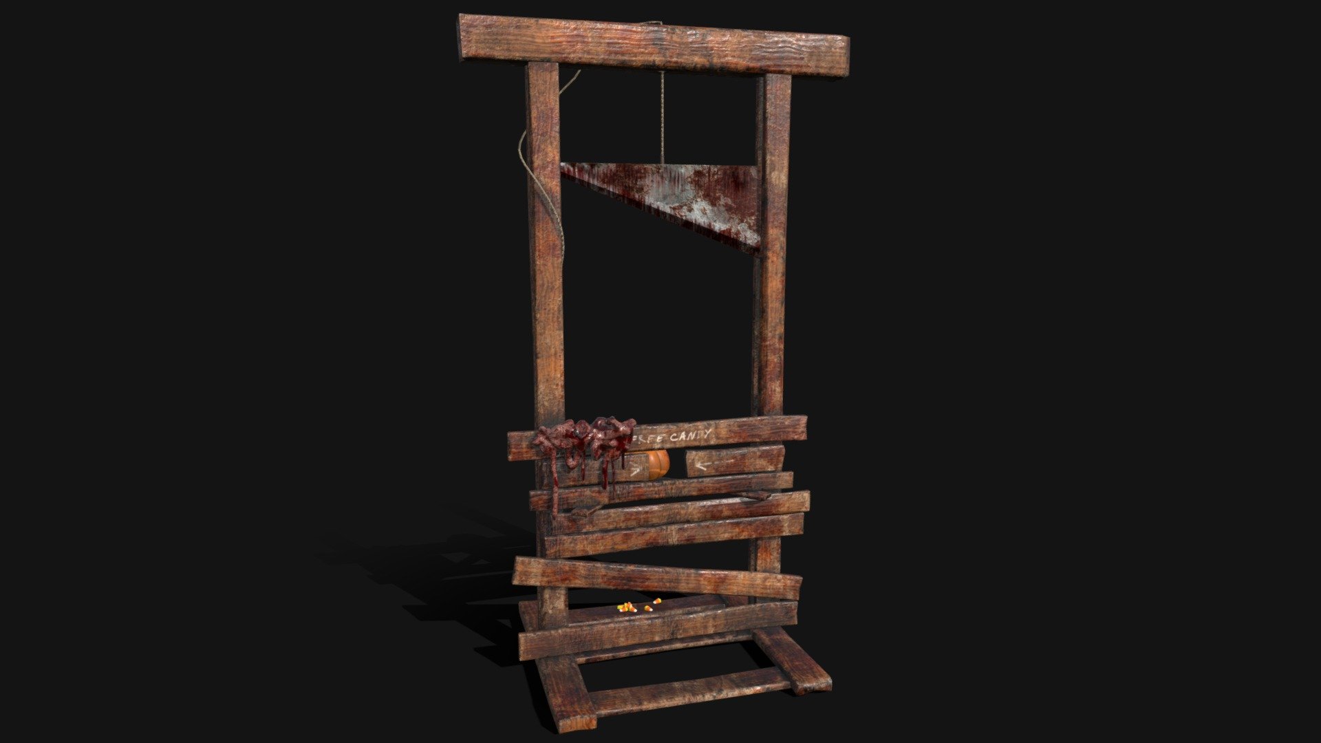 Bloody Halloween Guillotine 3D Model. This model contains the Bloody Halloween Guillotine itself 

All modeled in Maya, textured with Substance Painter.

The model was built to scale and is UV unwrapped properly. Contains a 4K and 2K texture set.  

⦁   9156 tris. 

⦁   Contains: .FBX .OBJ and .DAE

⦁   Model has clean topology. No Ngons.

⦁   Built to scale

⦁   Unwrapped UV Map

⦁   4K Texture set

⦁   High quality details

⦁   Based on real life references

⦁   Renders done in Marmoset Toolbag

Polycount: 

Verts 4812

Edges 10536 

Faces 5847

Tris 9156

If you have any questions please feel free to ask me 3d model