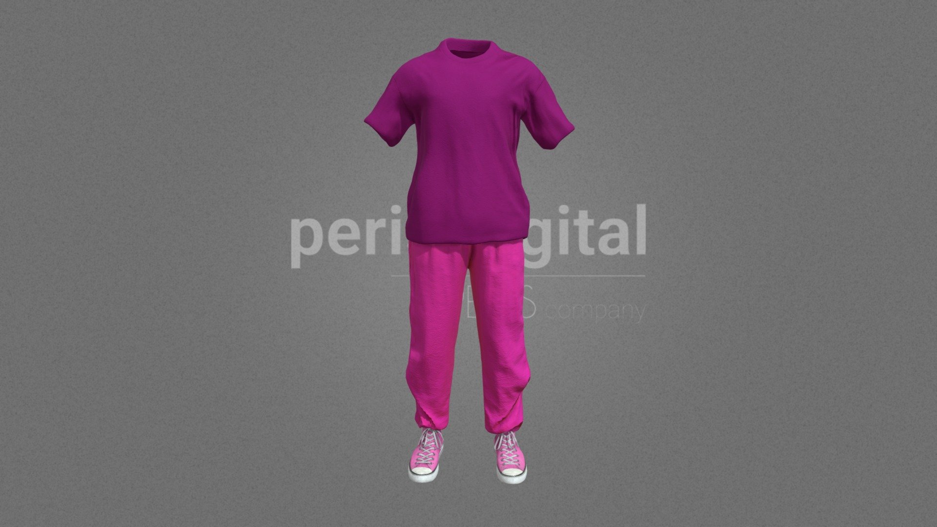 Purple t-shirt, pink trousers, pink and white converse shoes.

PERIS DIGITAL HIGH QUALITY 3D CLOTHING They are optimized for use in medium/high poly 3D scenes and optimized for rendering. We do not include characters, but they are positioned for you to include and adjust your own character. They have a LOW Poly Mesh (LODRIG) inside the Blender file (included in the AdditionalFiles), which you can use for vertex weighting or cloth simulation and thus, make the transfer of vertices or property masks from the LOW to the HIGH model. We have included in Additional Files, the texture maps in high resolution, as well as the Displacement maps in high resolution too, so you can perform extreme point of view with your 3D cameras. With the Blender file (included in AdditionalFiles) you will be able to edit any aspect of the set . Enjoy it!

Web: https://peris.digital/ - 80s Fashion Series - Woman 12 - 3D model by Peris Digital (@perisdigital) 3d model