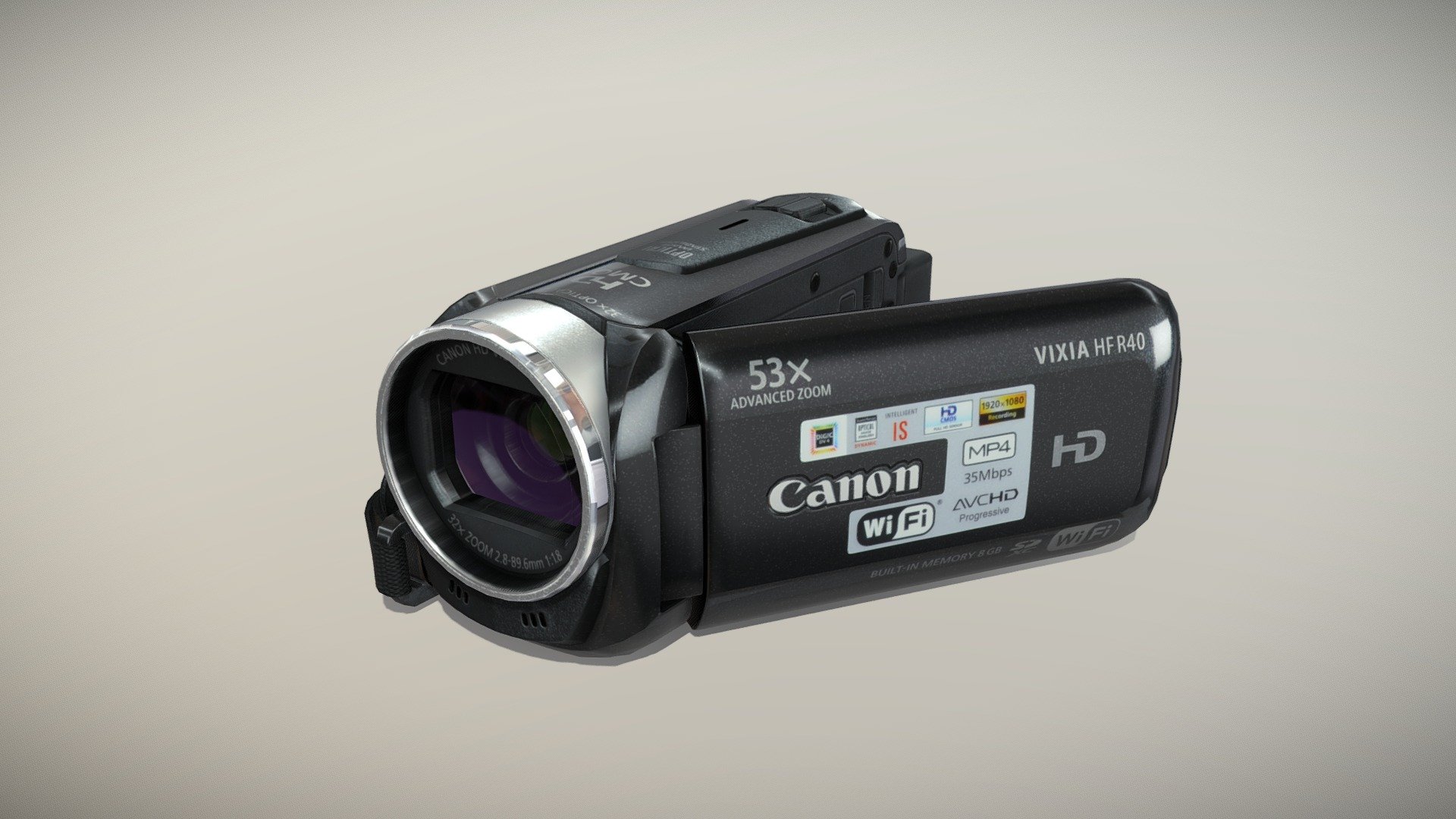 •   Let me present to you high-quality low-poly 3D model Canon Vixia HF R40 Black. Modeling was made with ortho-photos of real camcorder that is why all details of design are recreated most authentically.

•    Ease of use consists of a few meshes, it is low-polygonal and it has three materials (Body, Strap and Glass Lens).

•   The total of the main textures is 7. Resolution of all textures is 4096 pixels square aspect ratio in .png format. Also there is original texture file .PSD format in separate archive.

•   Polygon count of the model is – 7325.

•   The model has correct dimensions in real-world scale. All parts grouped and named correctly.

•   To use the model in other 3D programs there are scenes saved in formats .fbx, .obj, .DAE, .max (2010 version).

Note: If you see some artifacts on the textures, it means compression works in the Viewer. We recommend setting HD quality for textures. But anyway, original textures have no artifacts 3d model