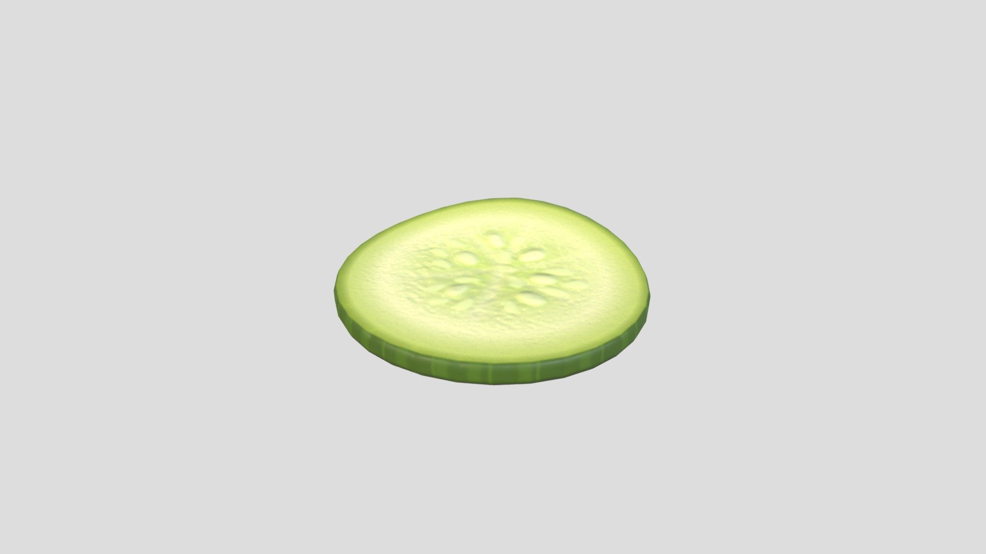 Cucumber Slice 3d model.      
    


File Format      
 
- 3ds max 2021  
 
- FBX  
 
- OBJ  
    


Clean topology    

No Rig                          

Non-overlapping unwrapped UVs        
 


PNG texture               

2048x2048                


- Base Color                        

- Normal                            

- Roughness                         



416 polygons                          

418 vertexs                          
 - Cucumber Slice - Buy Royalty Free 3D model by bariacg 3d model