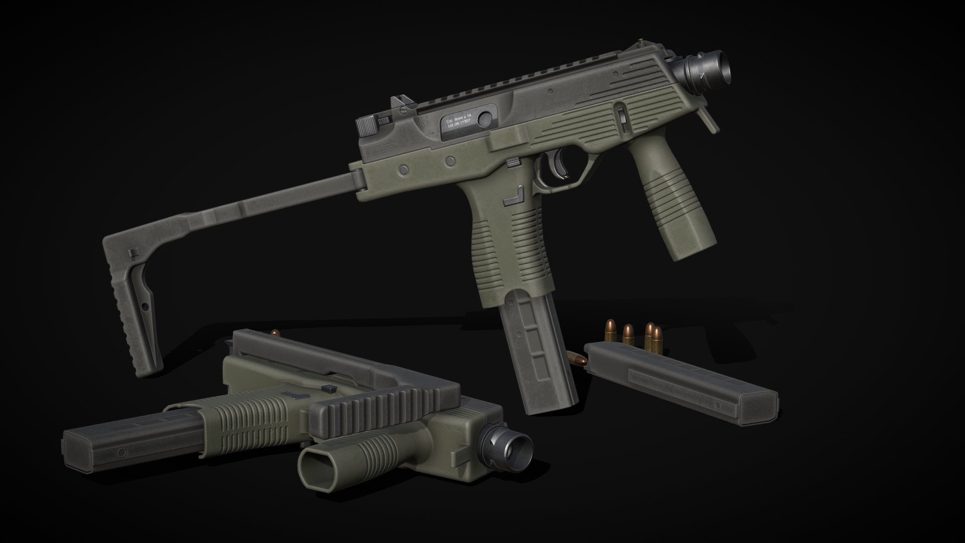 Blend files included:


Final lowpoly MP9 blend file
Extra blend file that includes the basemesh, highpoly and the lowpoly

Model is ready for rigging, separated parts include:


charging handle
bolt release lever
bolt
folding stock
stock latch
stock locking bar
stock 
trigger
fire selector
magazine
magazine follower
magazine release
9x19mm bullet
9x19mm shell

Textures included:


4K PBR Textures (Basecolor, Normal OpenGL, Metallic, Roughness, Ambient Occlusion, Emissive)
Fake brand (Thame &amp; Braun) and brandless texture versions
Baked Untextured 4K textures (Normal, World Space Normal, Ambient Occlusion, Curvature, Position, Thickness) for custom texturing in substance etc.

Note: The textures are optimised for 2K - MP9 - Buy Royalty Free 3D model by FireWarden 3d model