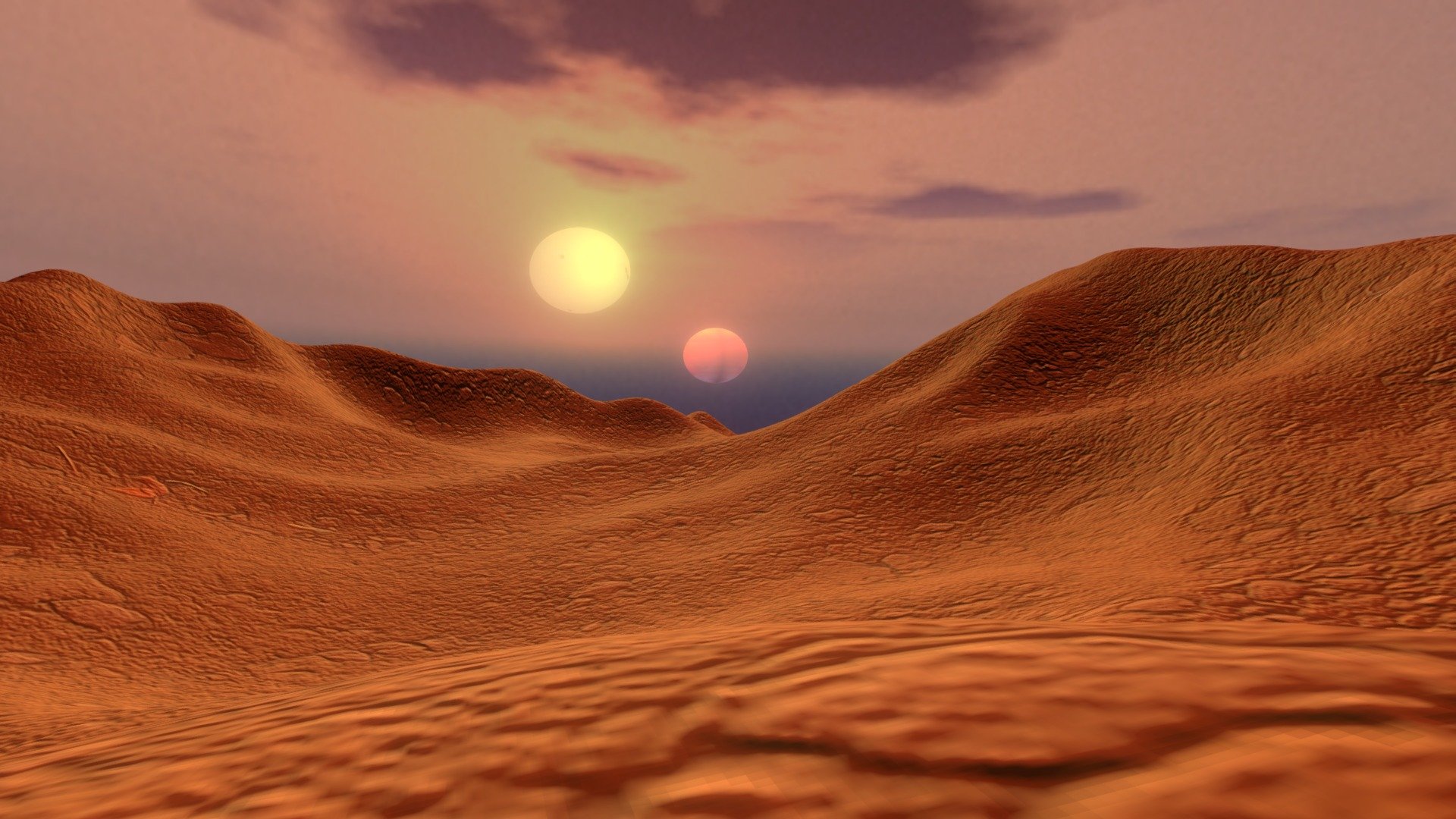 The model represents a sunset over the Tatooine desert. Tatooine is a fictional planet that appears in the Star Wars saga. The planet is a vast desolate desert and orbits a close binary system consisting of a pair of G-type stars. At the time Tatooine was created by George Lucas, no extrasolar planets had yet been discovered. Today, we know the existence, in our galaxy, of thousands of stars with planets in orbit around them.  Some of these are circumbinary planets, i.e. planets that orbit two stars instead of one &hellip; like Tatooine. An example is HD 202206, in which a Jupiter-size planet orbits a system consisting of a Sun-like star and a brown dwarf. Currently none of the known circumbinary planets are terrestrial planets located in the habitable zone. However, we cannot exclude the existence of circumbinary planets similar to Tatooine. 

Credits: Image of the sky created by Matthias Kappenburg 3d model