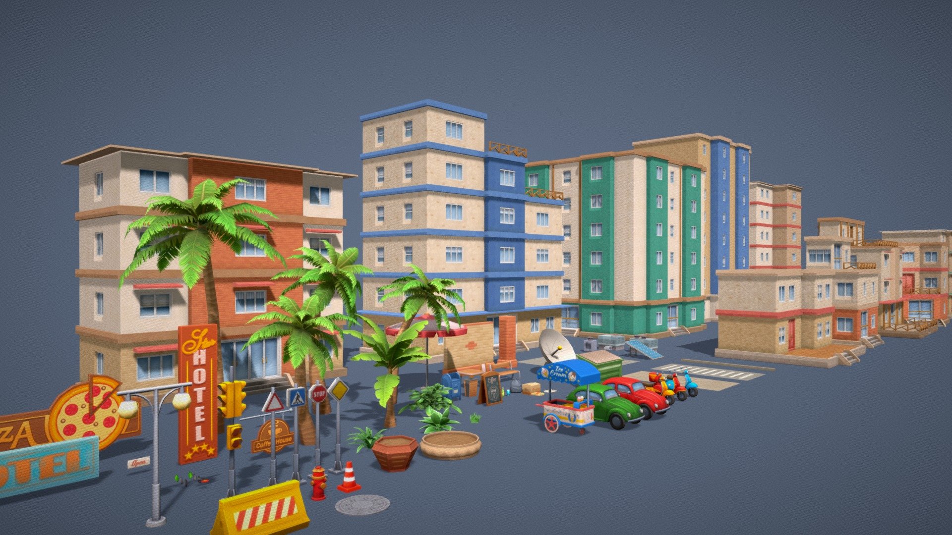 Here you can see all parts of the Resort town set.

Watch the video with the example scene 3d model