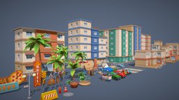 Resort town parts palm, urban, motorbike, town, palmtree, car, city, building, modular