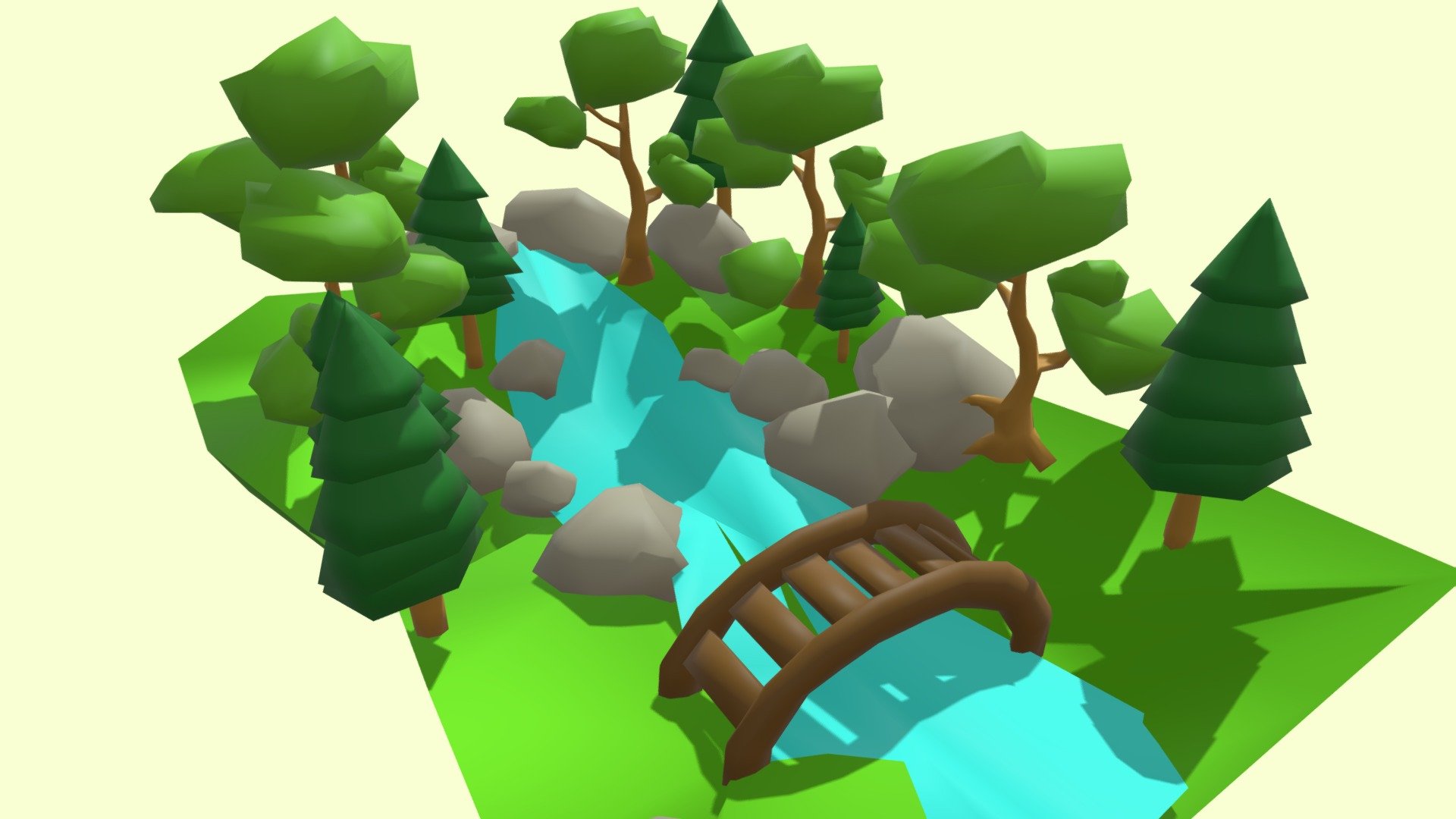 Mini scene that includes a forest, river and a bridge 3d model