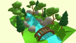 Low poly Forest mini scene tree, scene, green, plant, forest, river, nature, low-poly-model, lowpolymodel, 3dsmax, wood, abstract, bridge