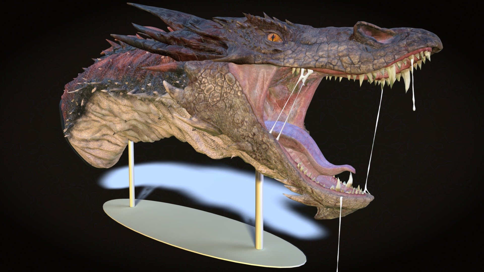 Fan-art model of Smaug the Magnificent!
Sculpted in Zbrush, baked in Xnormal, lighting and arranging in Modo. Tessellated topology.
Has all the internals (throat, trachea, nasal cavity) 3d model