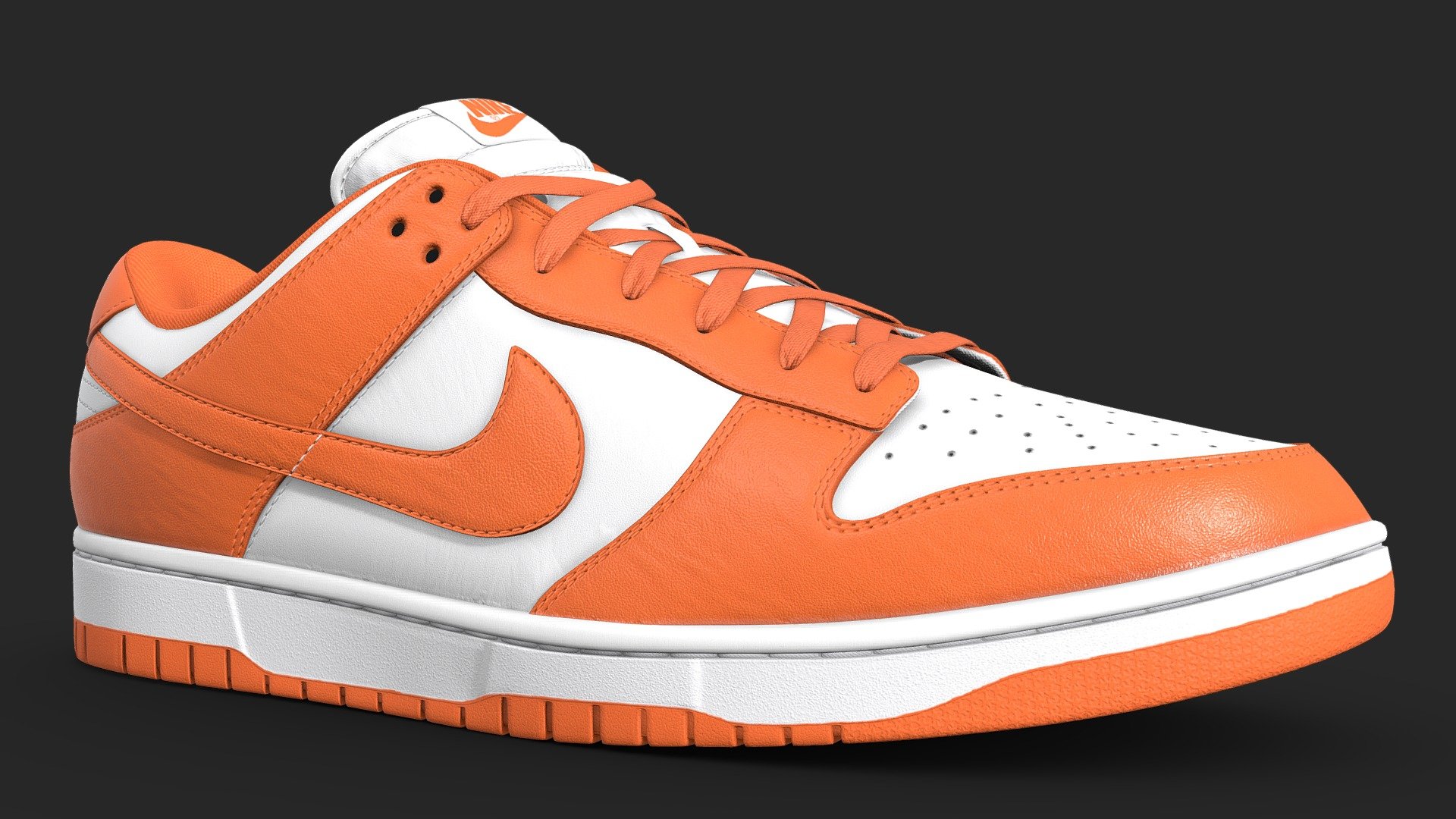 Nike Dunk Low in the Syracuse Colourway. Every detail was made in the recreation of this shoe, from the text on the medial side of the shoe to the subtlety of each material, nothing went overlooked. Stitches were sculpted by hand to achieve the highest quality

What's included




Blender file with linked textures

FBX and OBJ versions

OneMesh version

All 4k textures

Model Features

The upmost care went into crafting this model. As a result it is subdivision ready. The model was unwrapped with efficiency in mind. Both left and right shoes are mostly identical, save for logos and text that cannot be mirrored. As such the high detail version of the shoe uses 4 UV maps to cover both of the shoes, with the One mesh version using just the one UV map 3d model