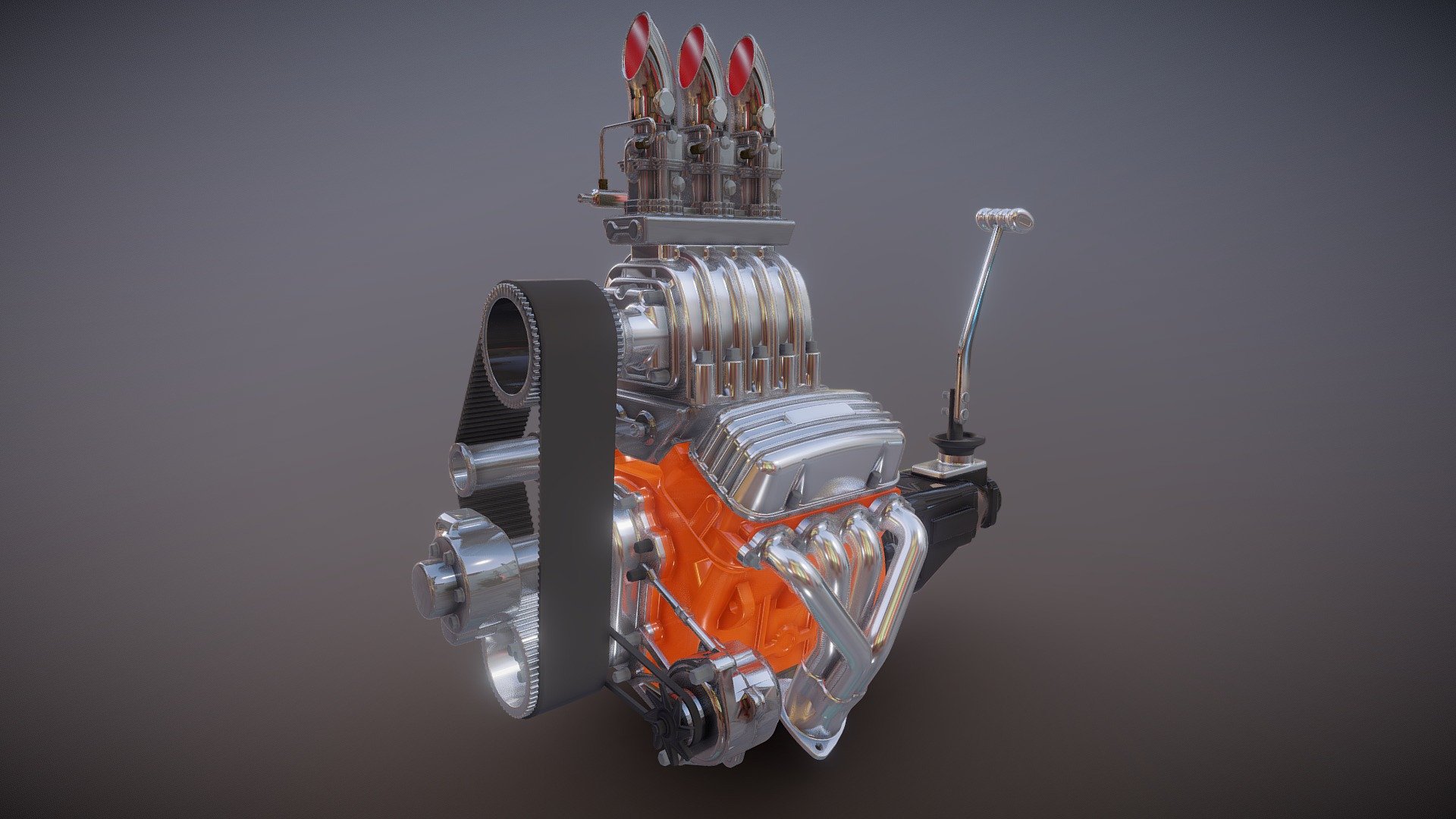 Cartoon V8 vintage engine highpoly model.
Model aviable as nurms model and as polygonal mesh.

parts list -

Small block. Heads. Chrome finned head covers. Transmission. Hurst shifter. Fuel pump. HotRod exhaust headers. Classic look supersharger. Oil pan. Custom manifold. Tim cover. Ignition coil. Fuel rails 3d model