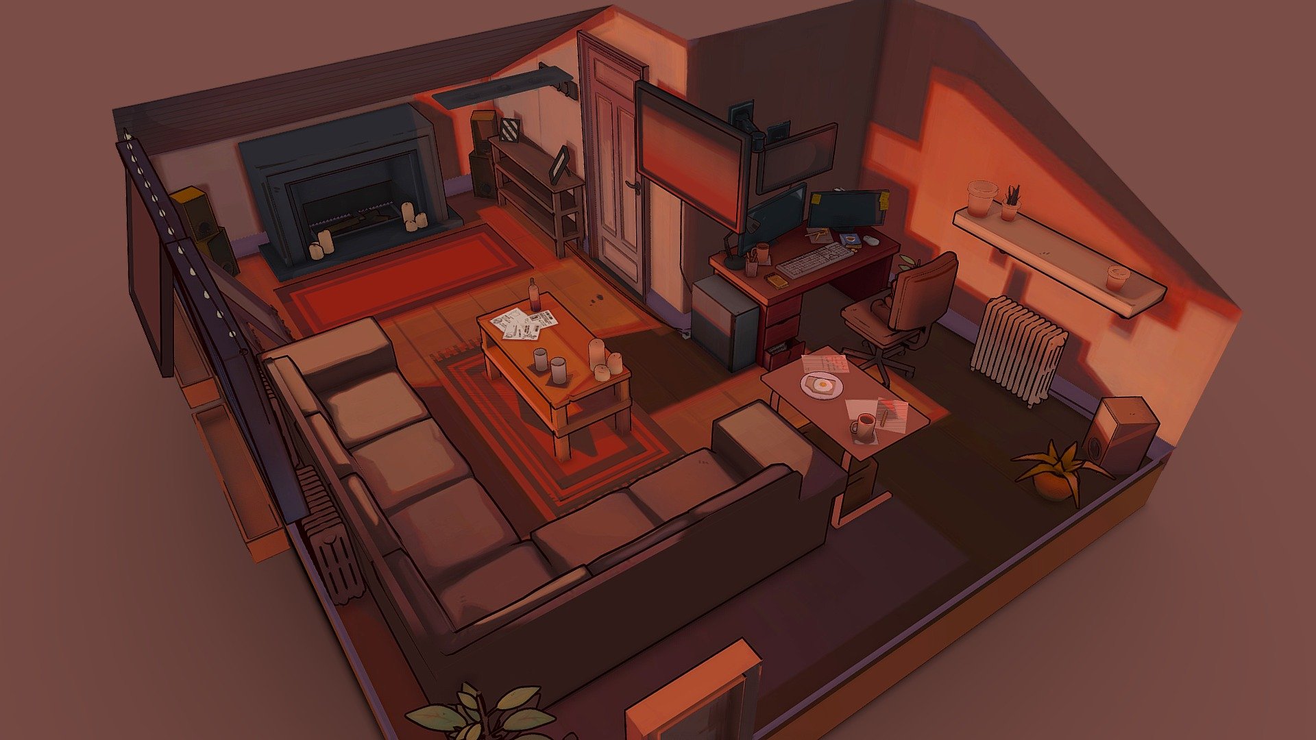 This is part of an environment for VRChat, it’s currently in the process of being uploaded and it has a few rooms. This it the loft/livingroom. :)

Once it’s uploaded in VRChat though I’ll give a link if you want to check it up :)

The client wanted me to do model and texture their apartment and let me have fun with it. So I went for a stylised approach. I really wanted it to look like an illustration from any angle which really just allows me to merge both my 2D illustrative skills and 3D skills which brings me so much joy! 

I really hope you like it, and if you’re interested in a commission yourself, please get in touch :3

Created using Blender, Substance Designad and painter.

Featured here: https://www.blendernation.com/2023/03/20/the-best-blender-art-on-sketchfab-2023-week-12/

Thank yoooou - Loft - 3D model by ilyaev (Jane) (@ilyaev) 3d model
