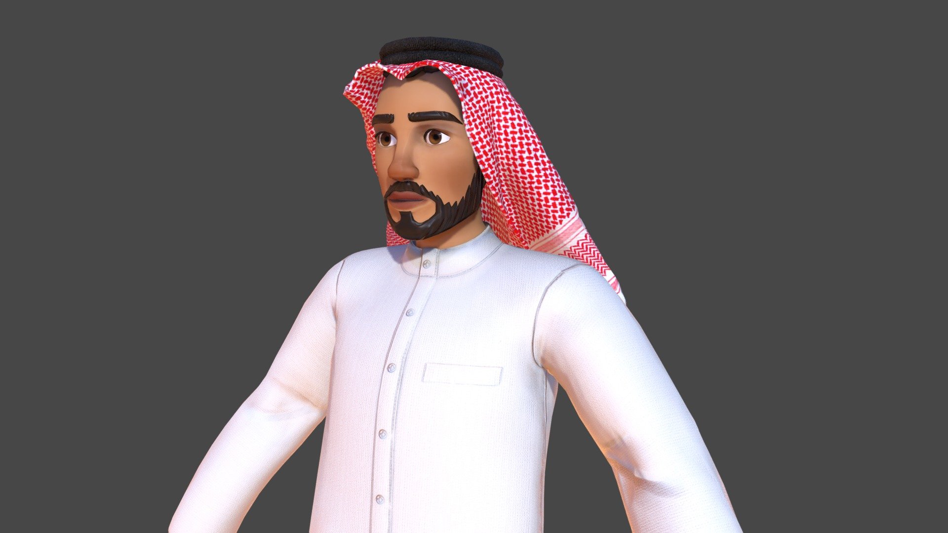 A fully rigged stylized Arabi man in real-world scales.
Created using Zbrush and Maya software, textured using substance painter and photoshop, and rigged using Blender.
This character has optimized textures and topology for use in games, movies, videos, and mobile apps. This model contains a full-body model, separate Hair and beard also separate clothes ( Jilbab, Guthra, Egal), and separate teeth and tongue.Rigging :
Advanced facial rig to achieve a variety of facial expressions.
The body rigging also has many advanced features.

files available for download :
My portfolio:
https://www.behance.net/gallery/166129993/Saudi-Arabi-man-character - Arabi Man Saudi Rigged - 3D model by DinaMousa 3d model