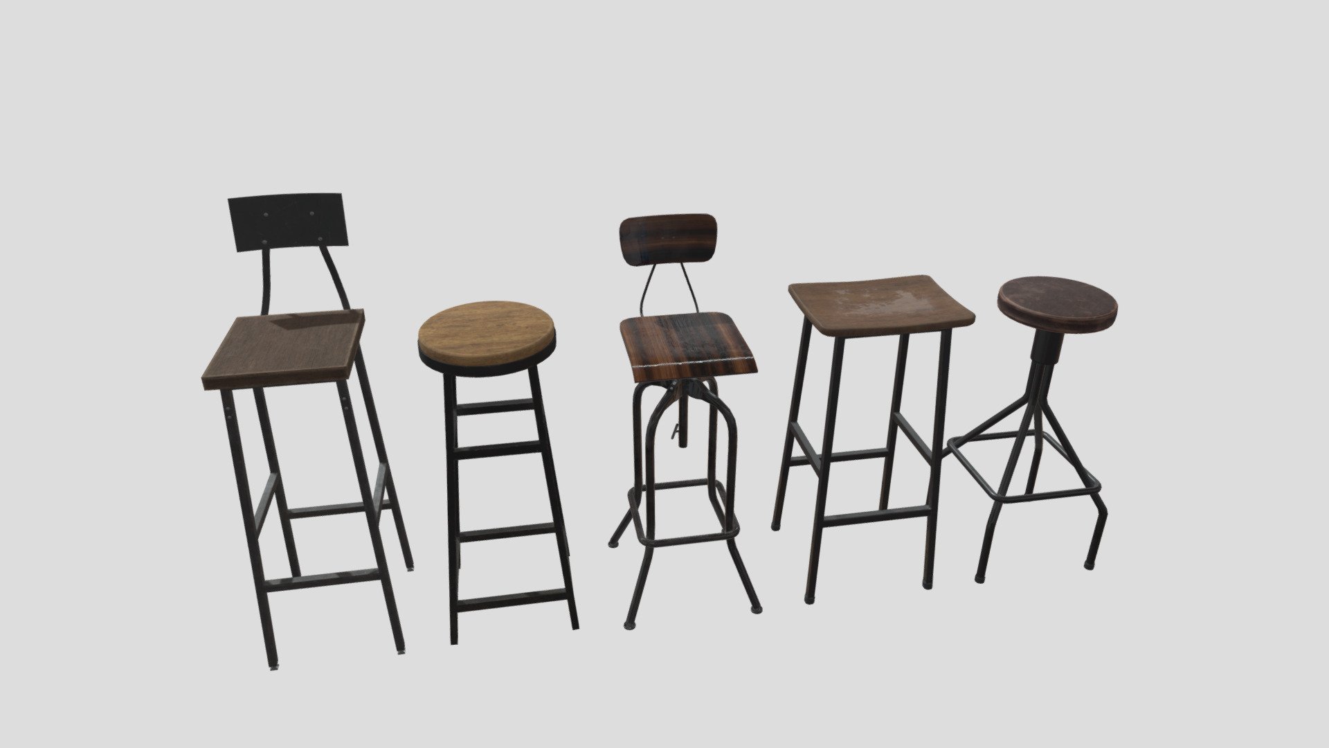 Set of 5 rustic, realistic bar stools textured with PBR. Game, VR, and archviz ready 3d model