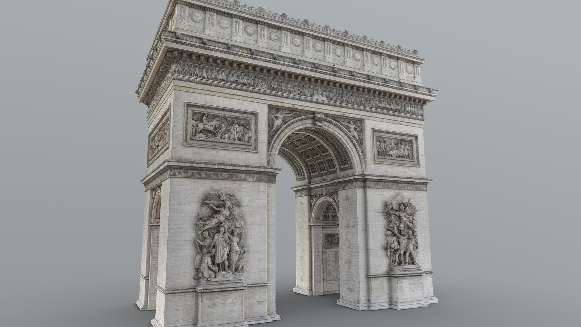 Highly detailed photogrammetry model of the Arc de Triomphe in Paris. One of the most notorious landmarks of the city, commissioned by Napoleon in 1806. 

Reconstructed and simplified with Reality Capture (1270 pictures).

4K and 8K textures (normal, diffuse). 16K with displacement on demand 3d model