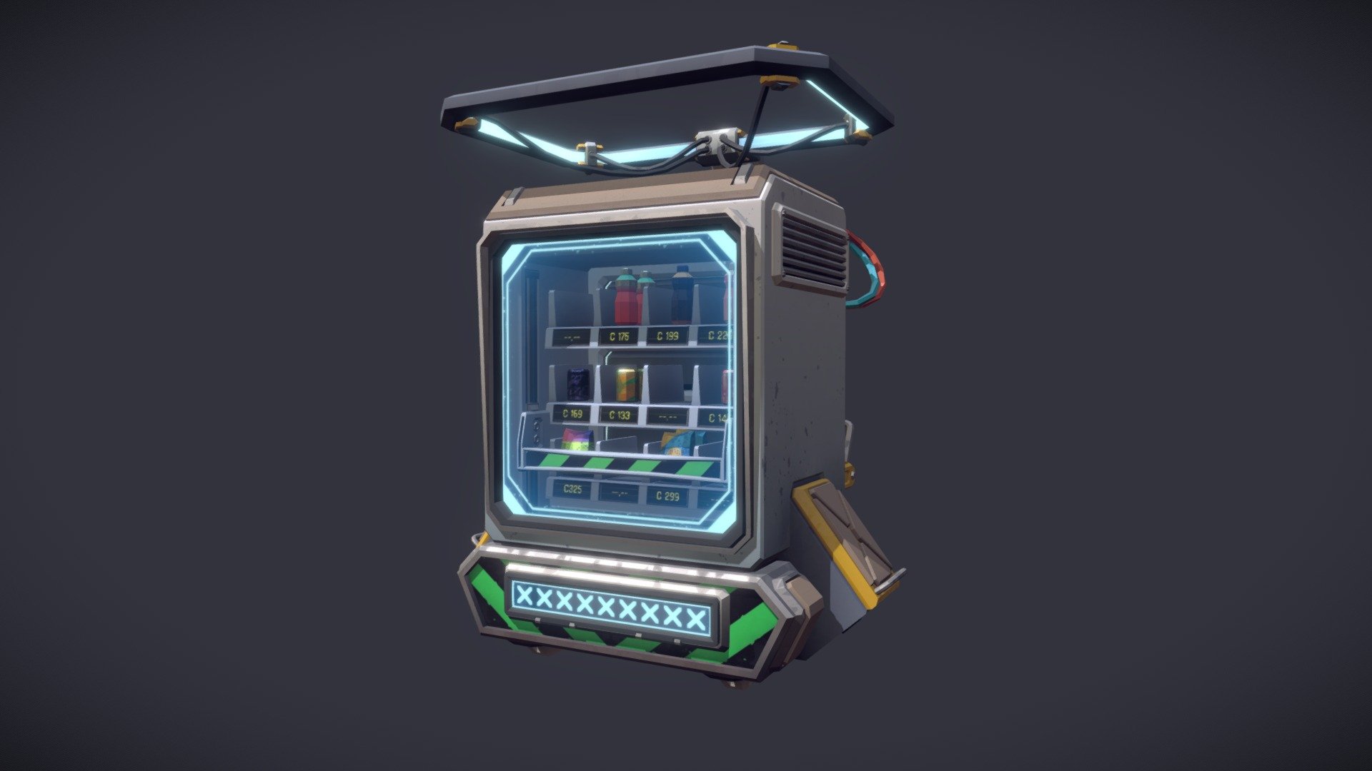 My own take on a flat-shaded and in part Deep Rock Galactic-inspired style, V4L “Val” Vending machine is meant as a mobile flying vending bot that can either be summoned at will, or follow you around wherever you go (also comes equipped with a supercharged light fixture that can scare away enemies, and runs on easy-to-find XXXXXXL 9 Volt batteries).

Blender + Substance Painter - V4L Vending Machine - 3D model by Chronomorph 3d model