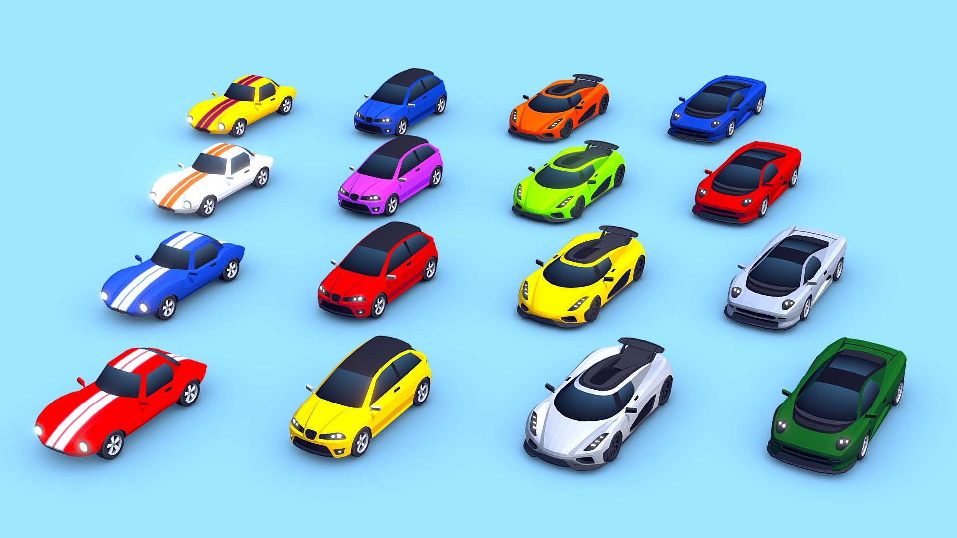Hello!, this is the June 2023 update of Low Poly Cars - Mega Pack. This is available in the Unity Asset Store and Sketchfab (click here). Update will be available on June 2nd.

It includes 4 new cars: Koenigsegg Regera, Jaguar XJ220, Seat Ibiza 2003 and Ginetta G4 3d model