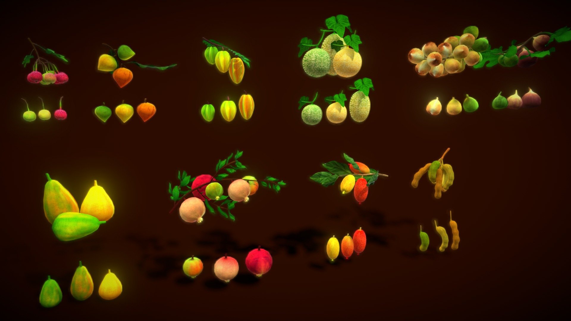 A collection of fruit:

- -  hawthorn berry fruit
- - lekima fruit
- - Averrhoa carambola fruit
- - Cucumis melo  fruit
- - Lansium domesticum fruit
- - Ficus racemosa fruit
- - papaya fruit
- - Grenadine fruit
- - Elaeagnus latifolia fruit
- - Tamarindus fruit
Each model has lowpolys. 
Each texture is 512x512px 
Included textures for each fruit: - Diffuse Map - Collection Fruit Path5 - Buy Royalty Free 3D model by vustudios 3d model