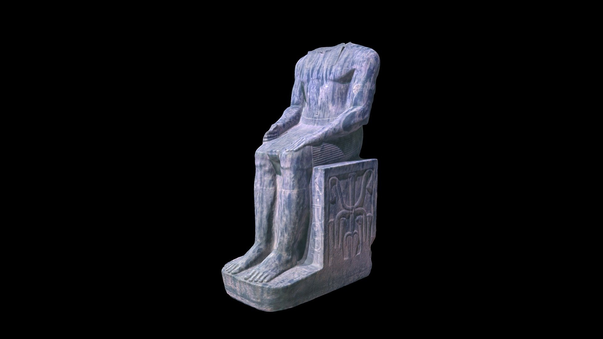 Carved diorite statue of Khafre seated on a throne.  Recovered from the Khafre Quarries at Giza.  Fourth Dynasty. Formally Cairo Museum CG10.
Similar, but not identica, to the famous seated statue of Khafe in the Cairo Museum (https://skfb.ly/6R7uV)

Created from 68 photographs (Canon EOS Rebel T7i) using Metashape 1.7.0 3d model