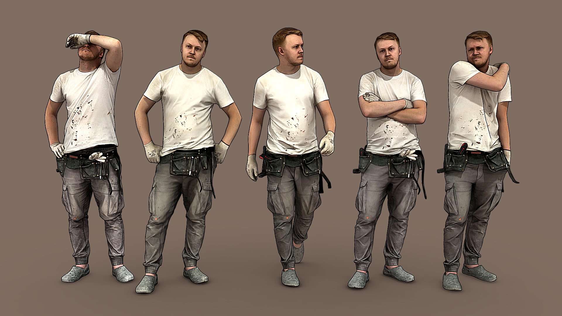 ✉️ Pack of 5 character models, a young man, a guy in work clothes, a uniform.

🦾 This model will be an excellent participant in the general and long-range plans. You don’t need to zoom in and try to see the details, it reveals and demonstrates its texture as much as possible in case of a certain distance from the foreground.

⚙️ Stylized Character 3d model ready for Virtual Reality (VR), Augmented Reality (AR), games and other real-time apps. 50 000 polygons per model (if you use the border outline the polycount is doubled). Suitable for the architectural visualization and another graphical projects. Pack contains 5 character models 3d model